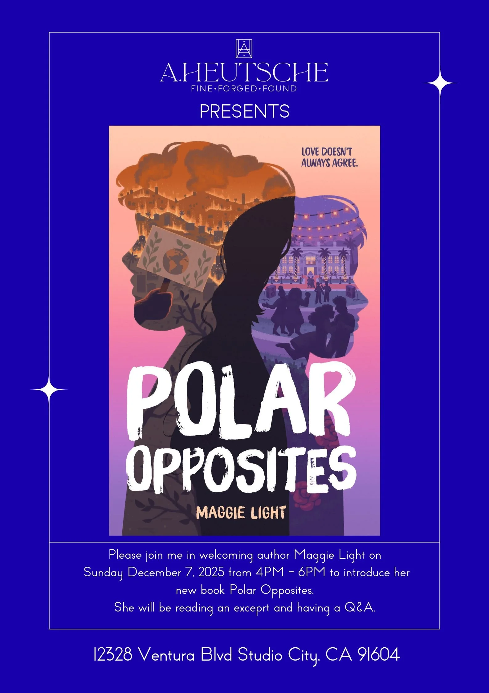 Book cover for 'Polar Opposites' by Maggie Light, featuring an illustration of two women facing away from each other, with contrasting backgrounds of pollution and a festive scene, and a quote that says 'Love doesn't always agree.'
