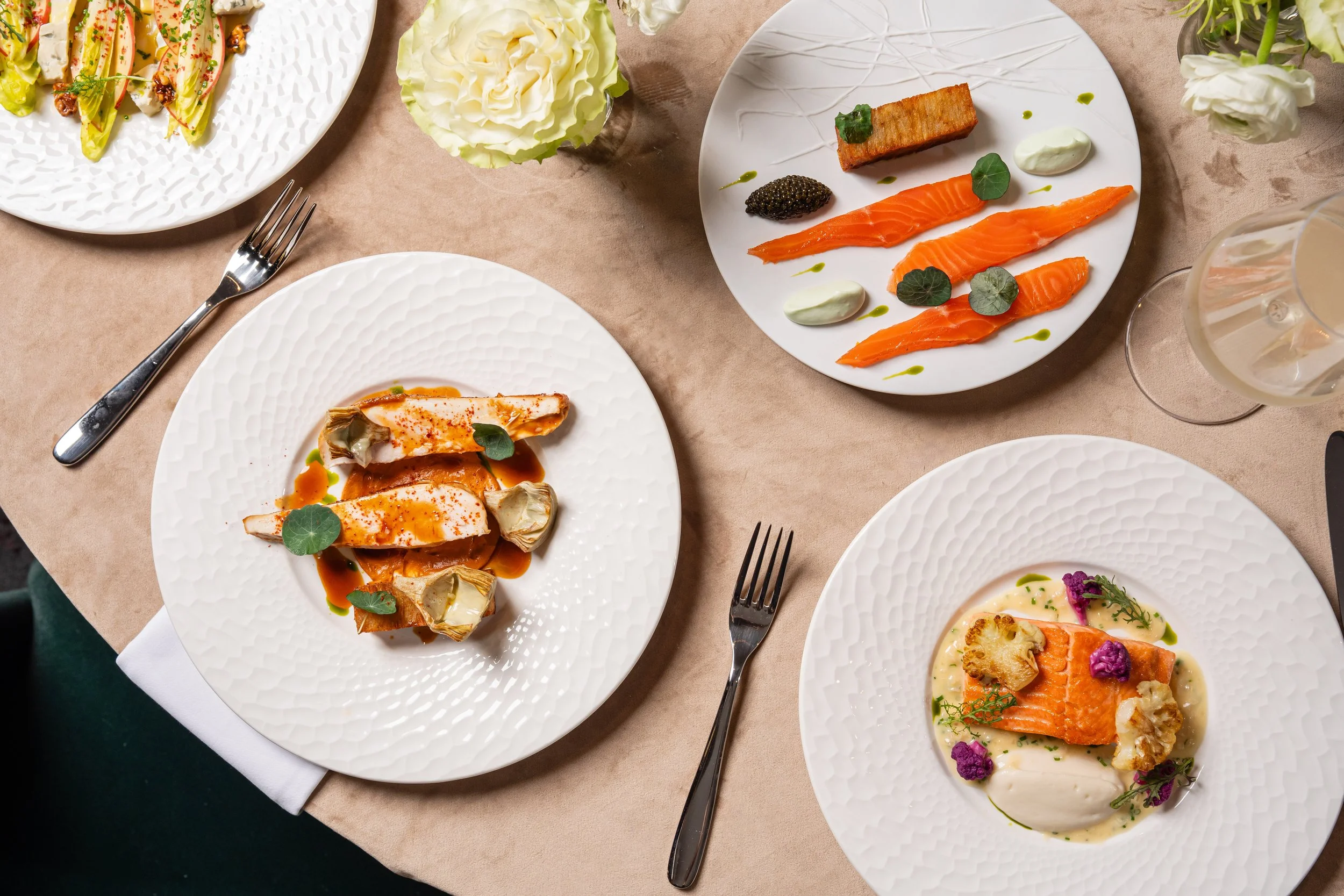 chicken dish, salmon dish