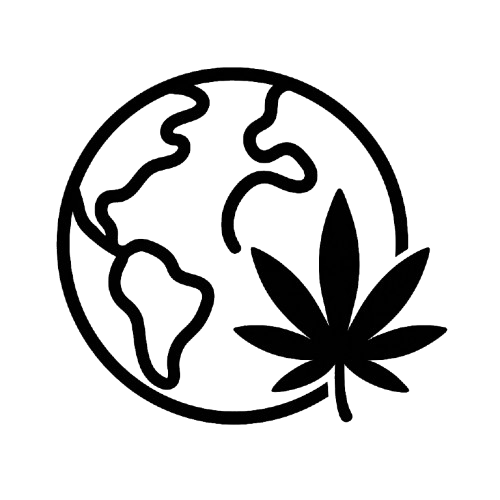 Outline of the Earth with a cannabis leaf in front of it.