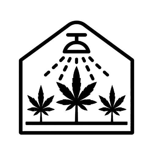 Outline of a tag with water droplets and marijuana leaves inside.