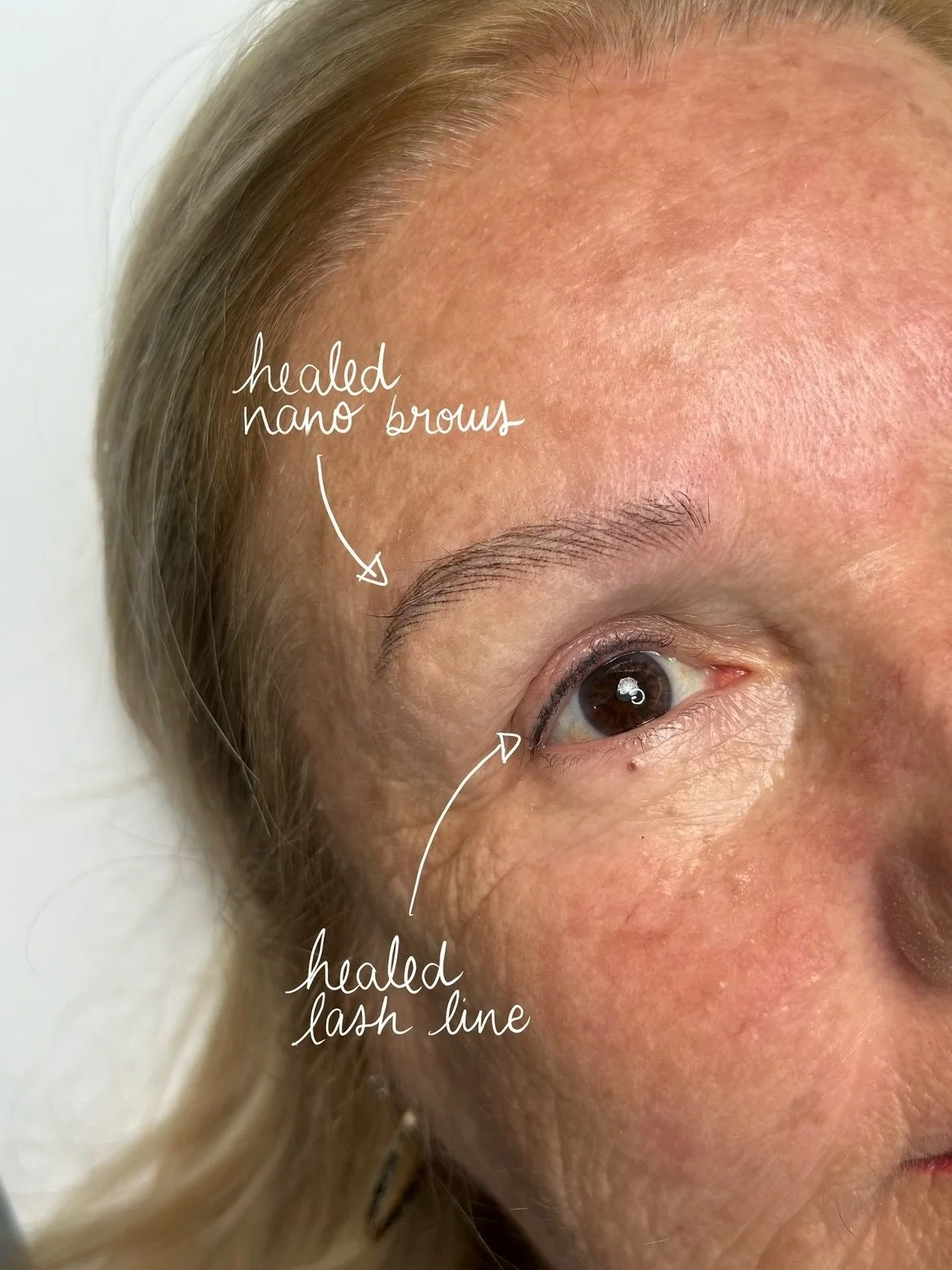 Healed before touch up &mdash; we were both so happy with how they healed and barely had to do any touch up. 🤍 check the previous post to see the fresh results!

nano brows + lash line enhancement &mdash; natural, soft, and waking up like this every