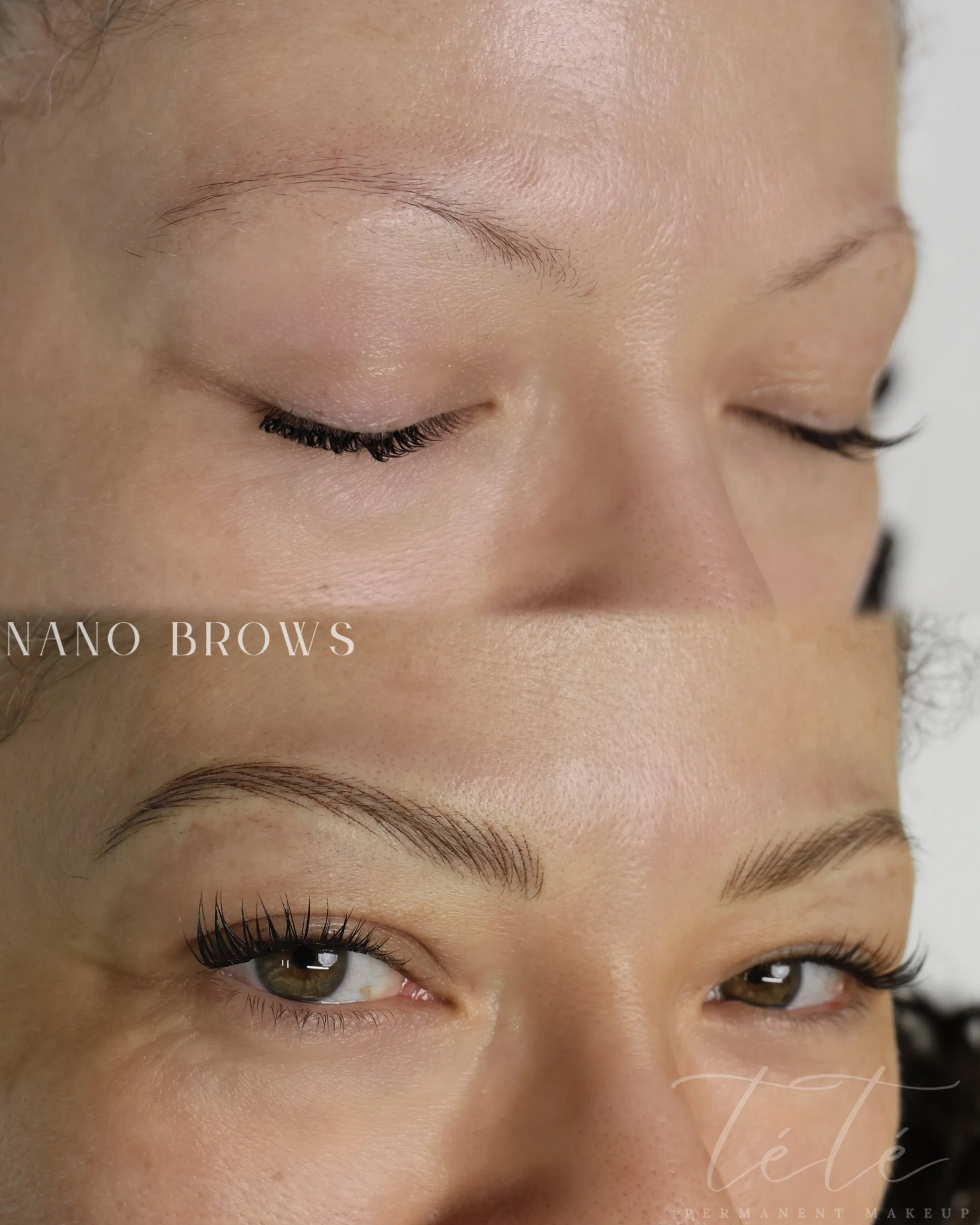 Before and after Nano Brows by TéTé in Conway, SC, showing defined brows and improved lash appearance.