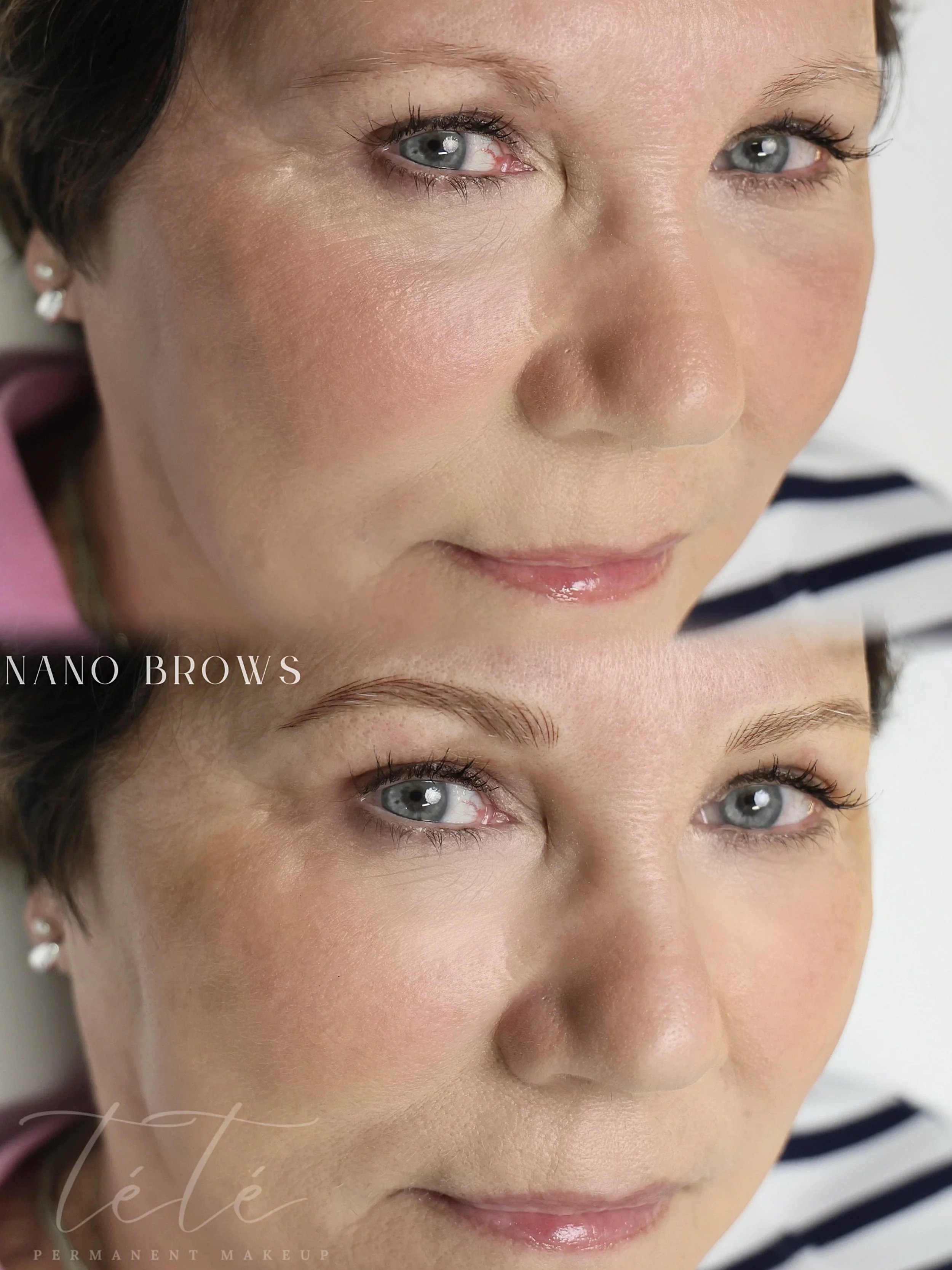 Before and after Nano Brows by TéTé in Conway, SC, showing natural brows versus defined results.