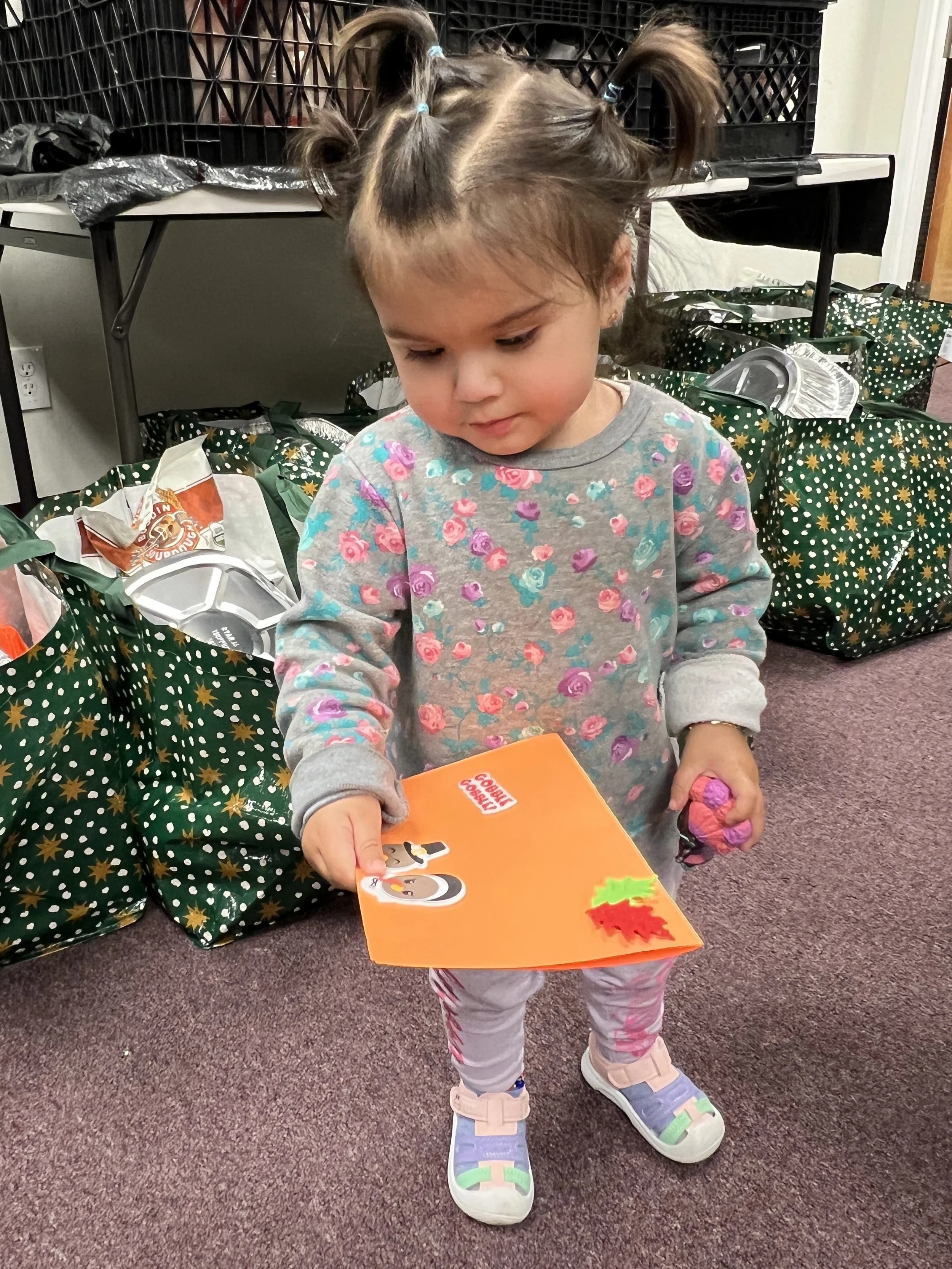 A young girl with brown hair styled in two pigtails with blue hair ties, wearing a gray shirt with pink and purple flowers, holding a colorful gift and looking down at it. She is standing on a maroon carpet, in front of green bags with yellow stars a
