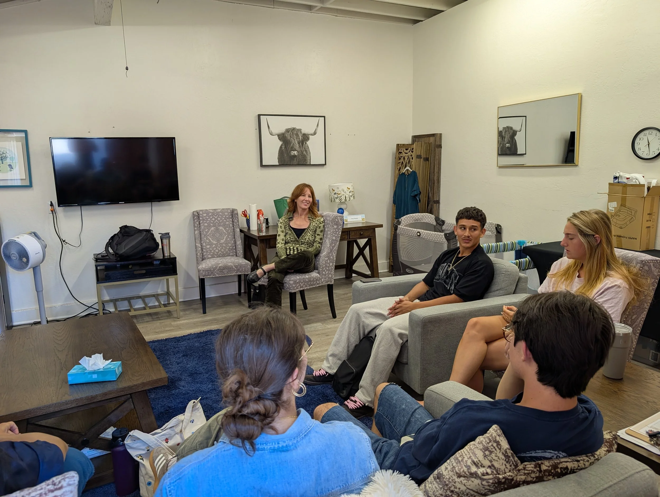 A group of people sitting and listening in a living room meeting, with a woman at the front speaking. The room has a wall-mounted TV, artwork, and a clock.