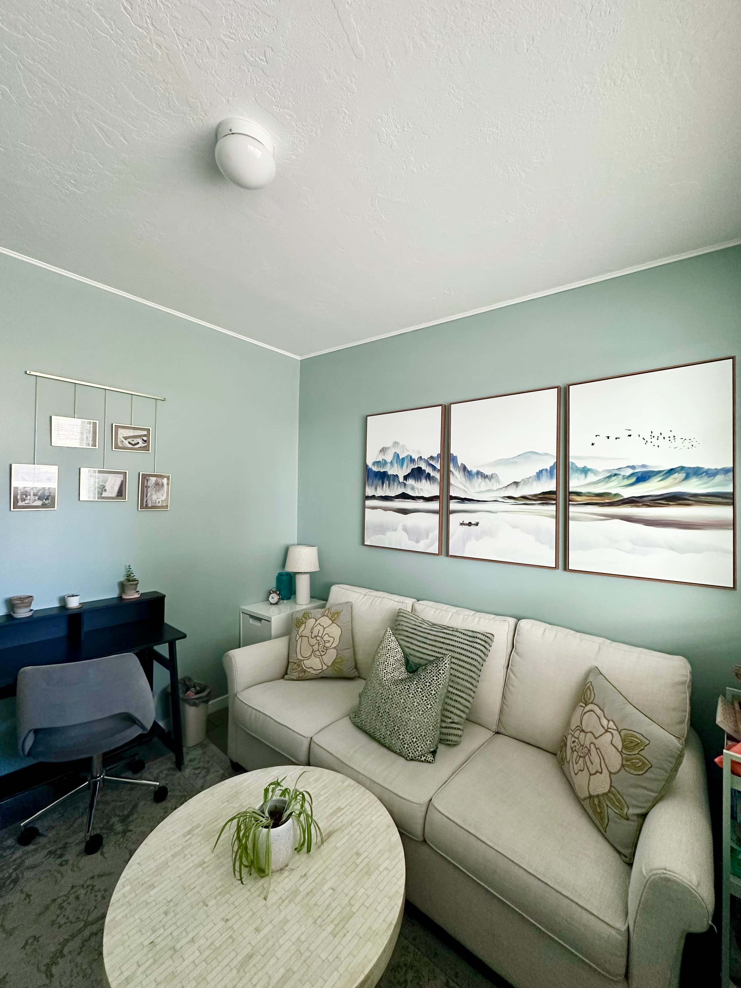 Living room with light green walls, a white sofa with floral and striped pillows, wall art featuring mountain landscape, a white side table with a lamp, a small black desk with a gray chair, framed photos on wall, potted plant on coffee table