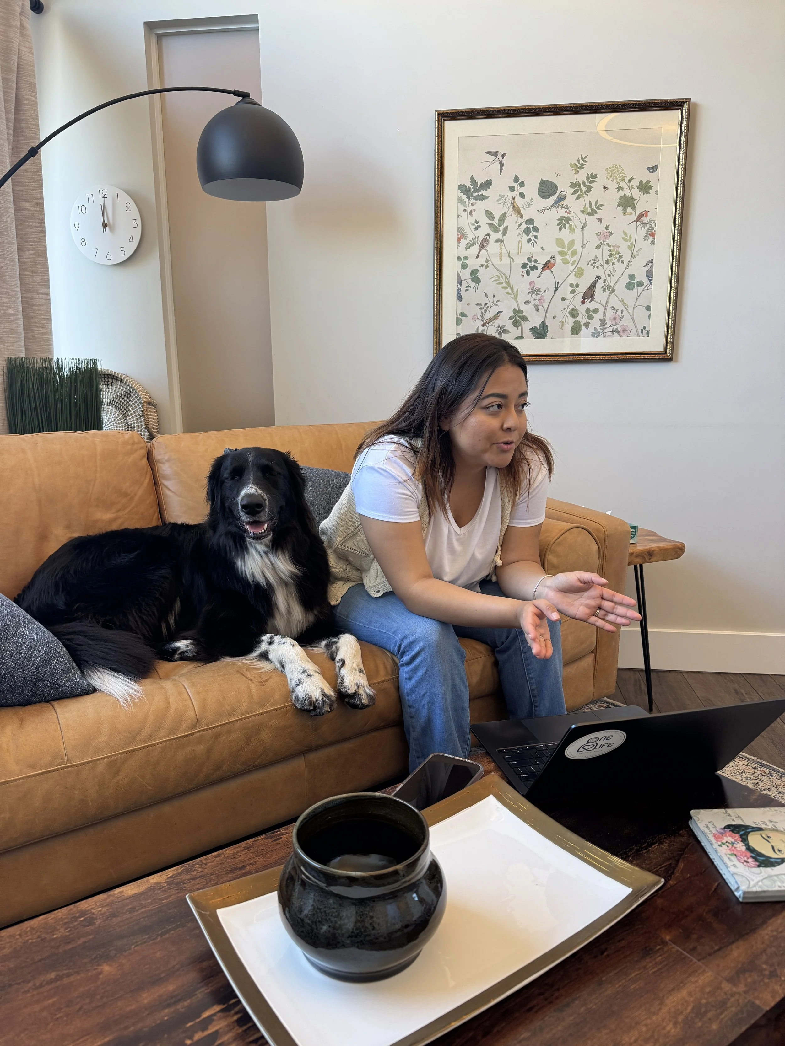 A woman with brown hair sitting on a tan couch with a black and white dog, using a laptop. The room has wall art, a modern lamp, a clock, and a wooden table with a black cup and a magazine.