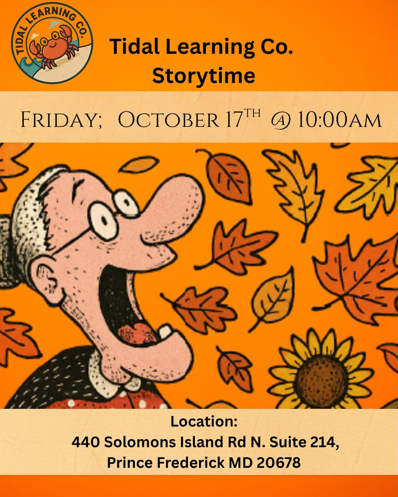 We love storytime mornings at Tidal Learning Co. &mdash; come read, laugh, and learn with us this Friday, October 17th at 10AM! 🌻

#TidalLearningCo #CalvertCountyMD #PrinceFrederickMD #SouthernMaryland #SoMDKids #SoMDMoms #CalvertCountyMoms #Souther
