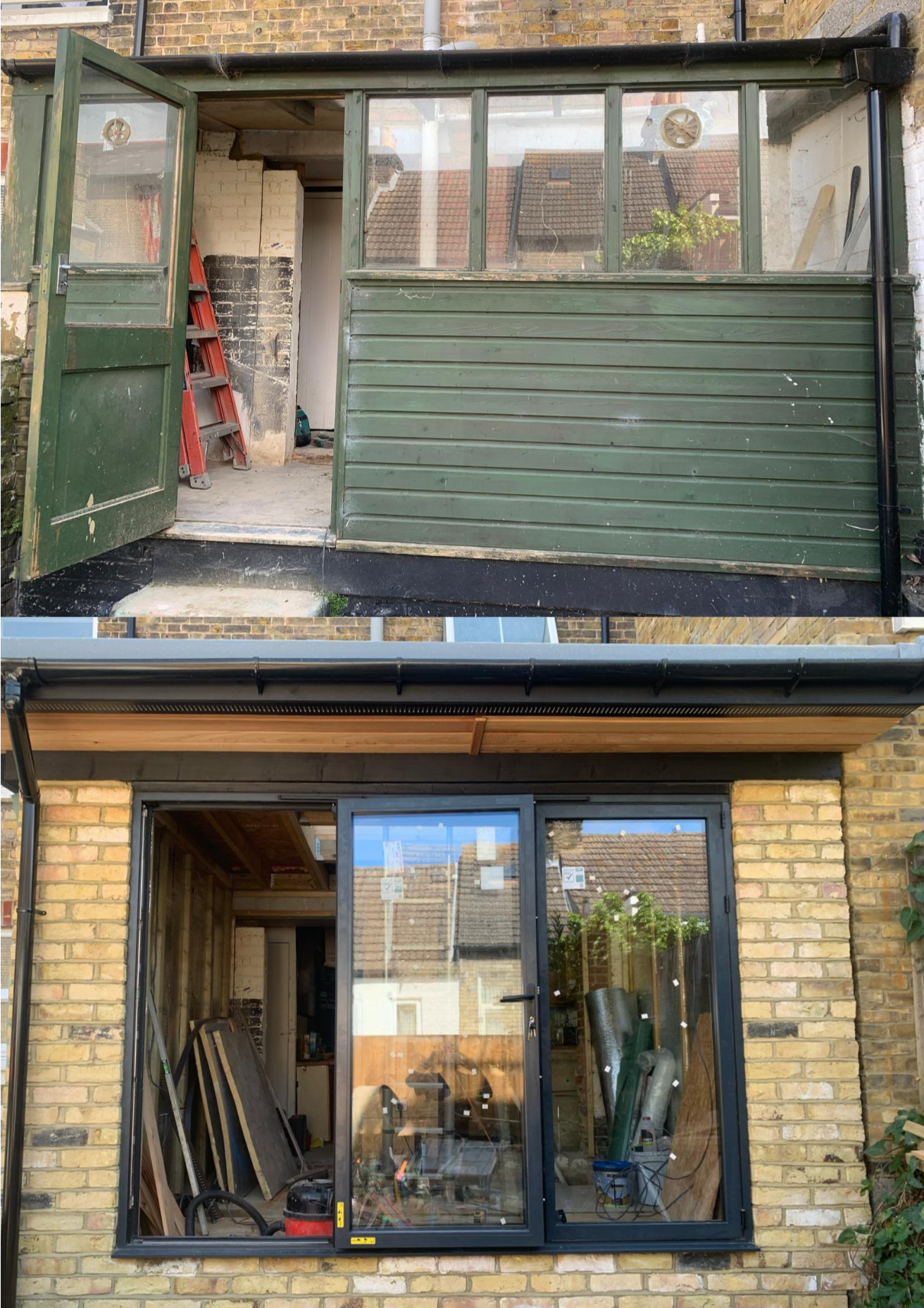 Building extension and refurbishment from old green wooden walls to light brick work and grey bifold doors