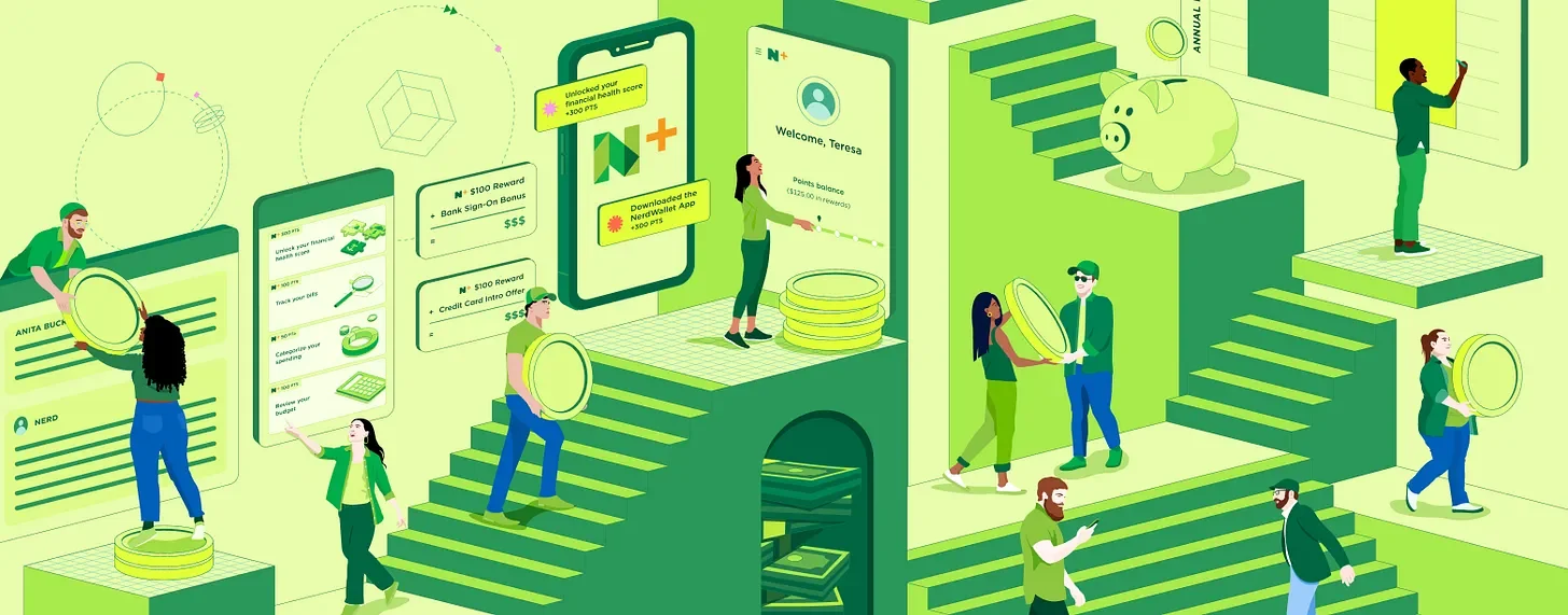 Illustration of people using mobile devices and interacting within a digital finance app environment with stairs, charts, and coins.