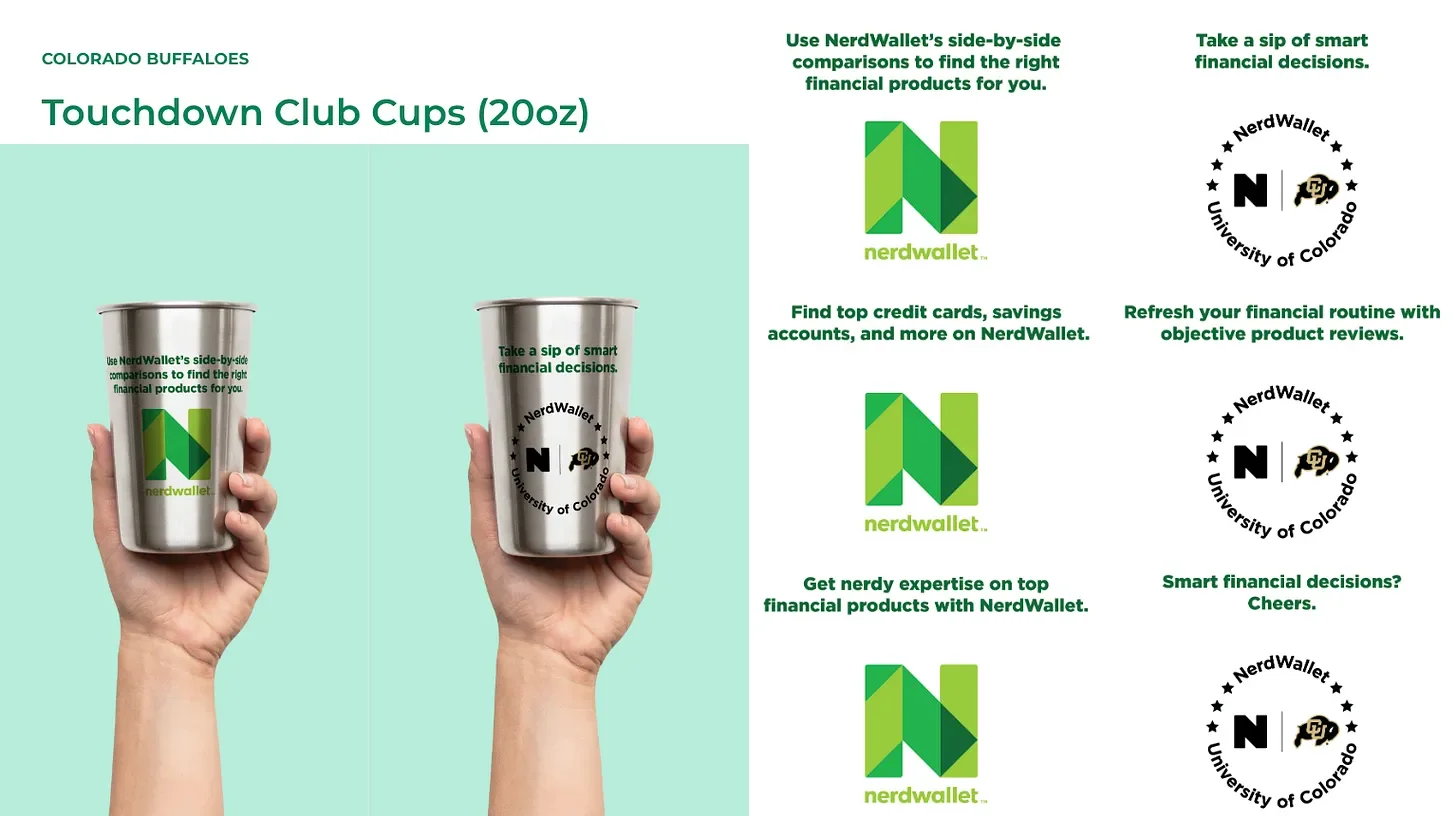 Two hands holding stainless steel cups with NerdWallet and University of Colorado logos, surrounded by promotional text for financial decision tools.
