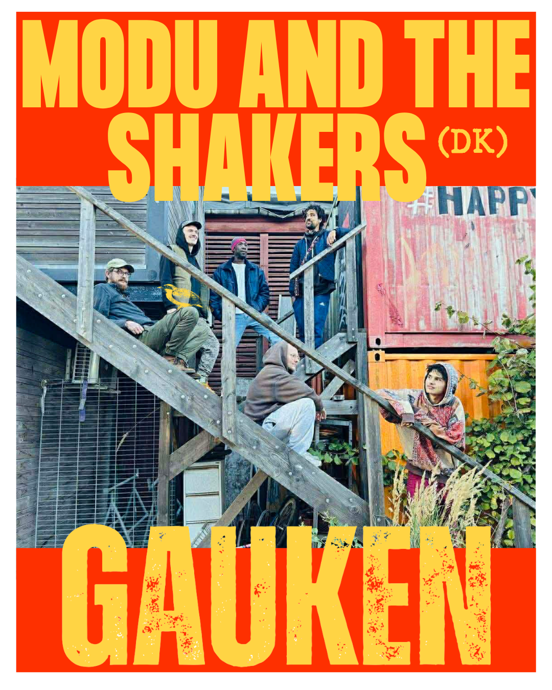 MODU AND THE SHAKERS flyg inn frå Senegal via Danmark med energisk og spennande afro-musikk, og landar som ein fargerik flokk trekkfuglar midt i Gaukereiret. Det blir rytmer, energi og vestafrikanske vibes som me aldri før har opplevd ved breidda av 