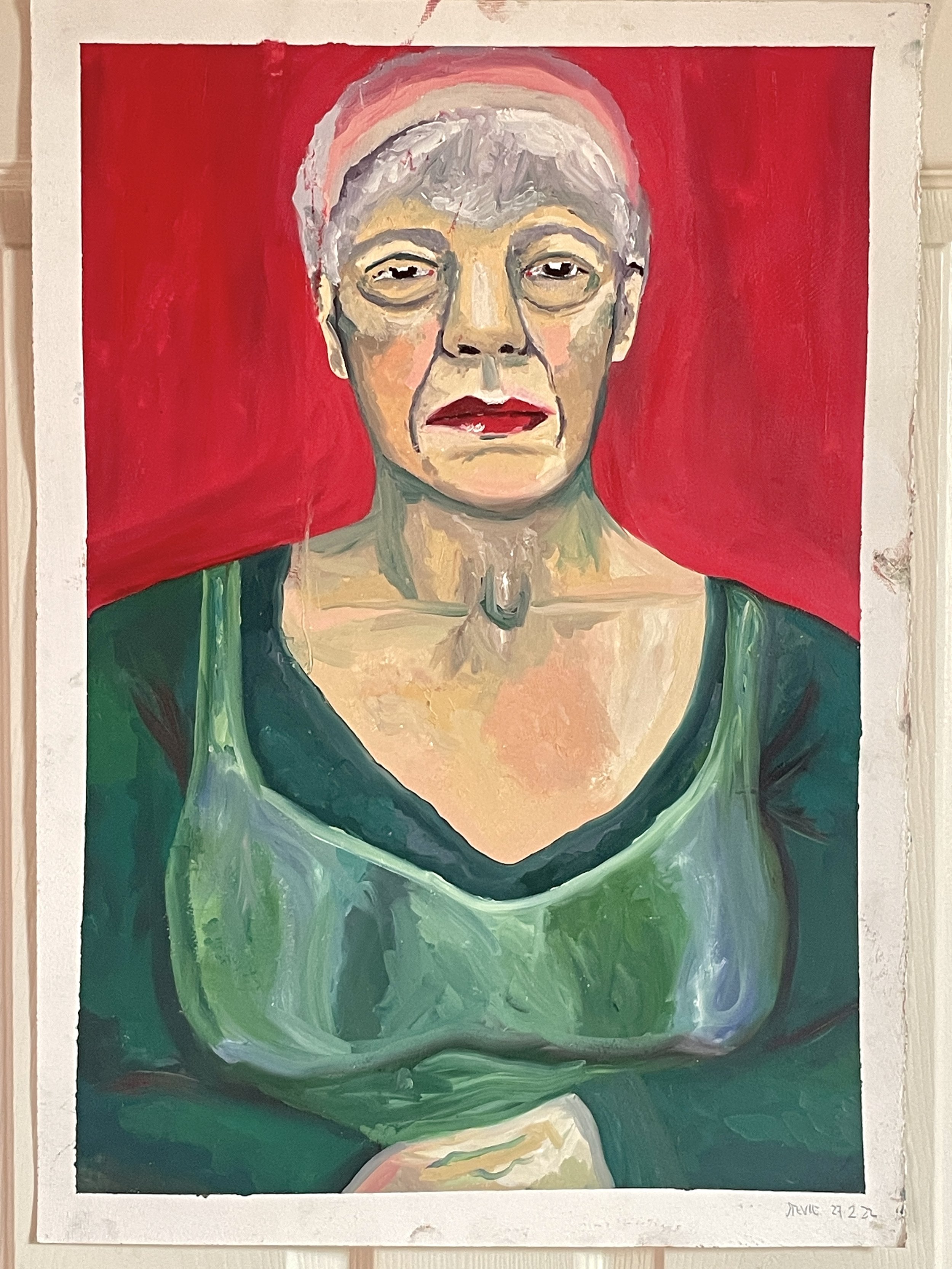 A painted portrait of a serious older woman with short gray hair, wearing a green top against a red background.