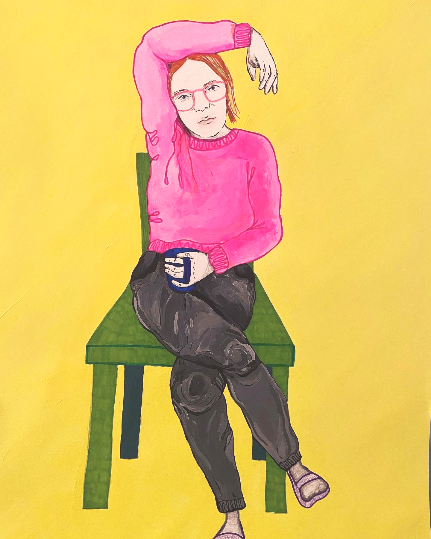 An illustration of a woman with glasses, wearing a pink sweater, sitting on a green chair, holding a cup, against a yellow background.