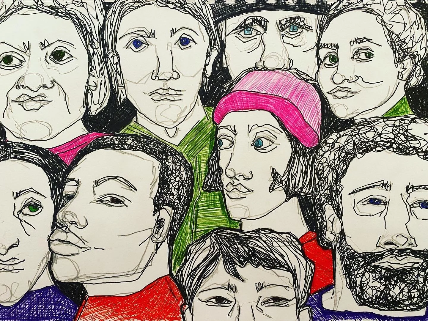 Colorful sketch of diverse people with expressive faces, some wearing colorful clothing and accessories, drawn with scribbled lines and bold colors.