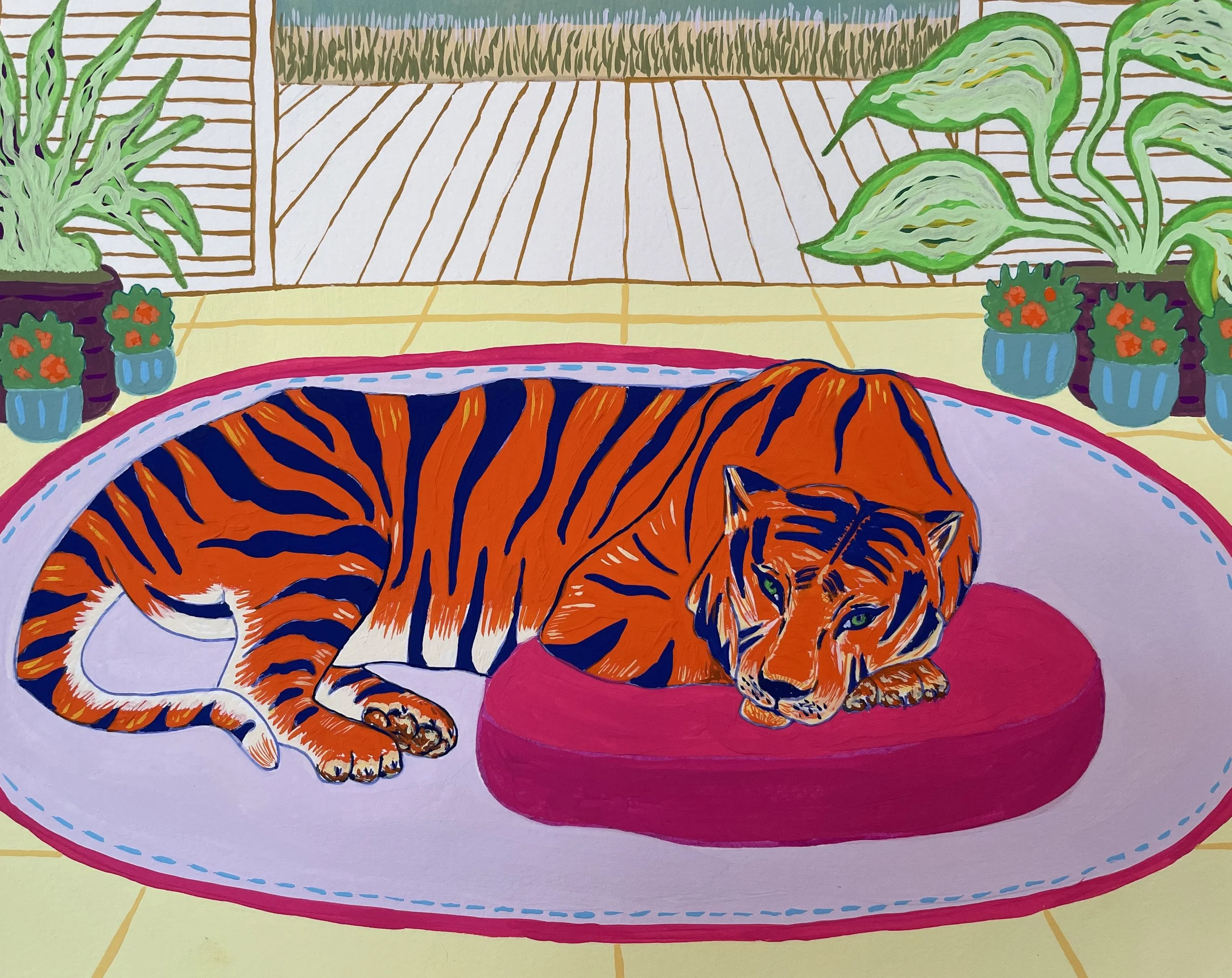 A colorful illustration of a tiger with orange and black stripes lying on a pink and white rug, resting its head on a pink cushion in a sunlit room with potted plants on either side.