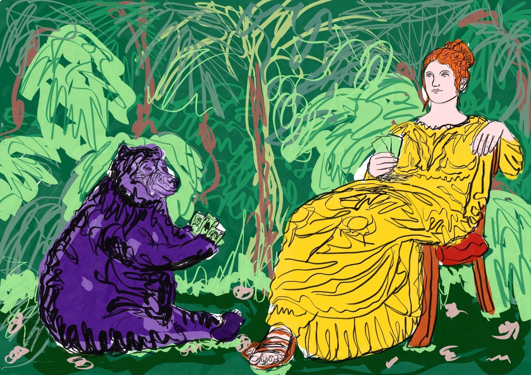Illustration of a woman in a yellow dress sitting on a chair in a lush, green jungle, holding a fan, with a purple dog sitting nearby, holding money, in a stylized, sketchy art style.