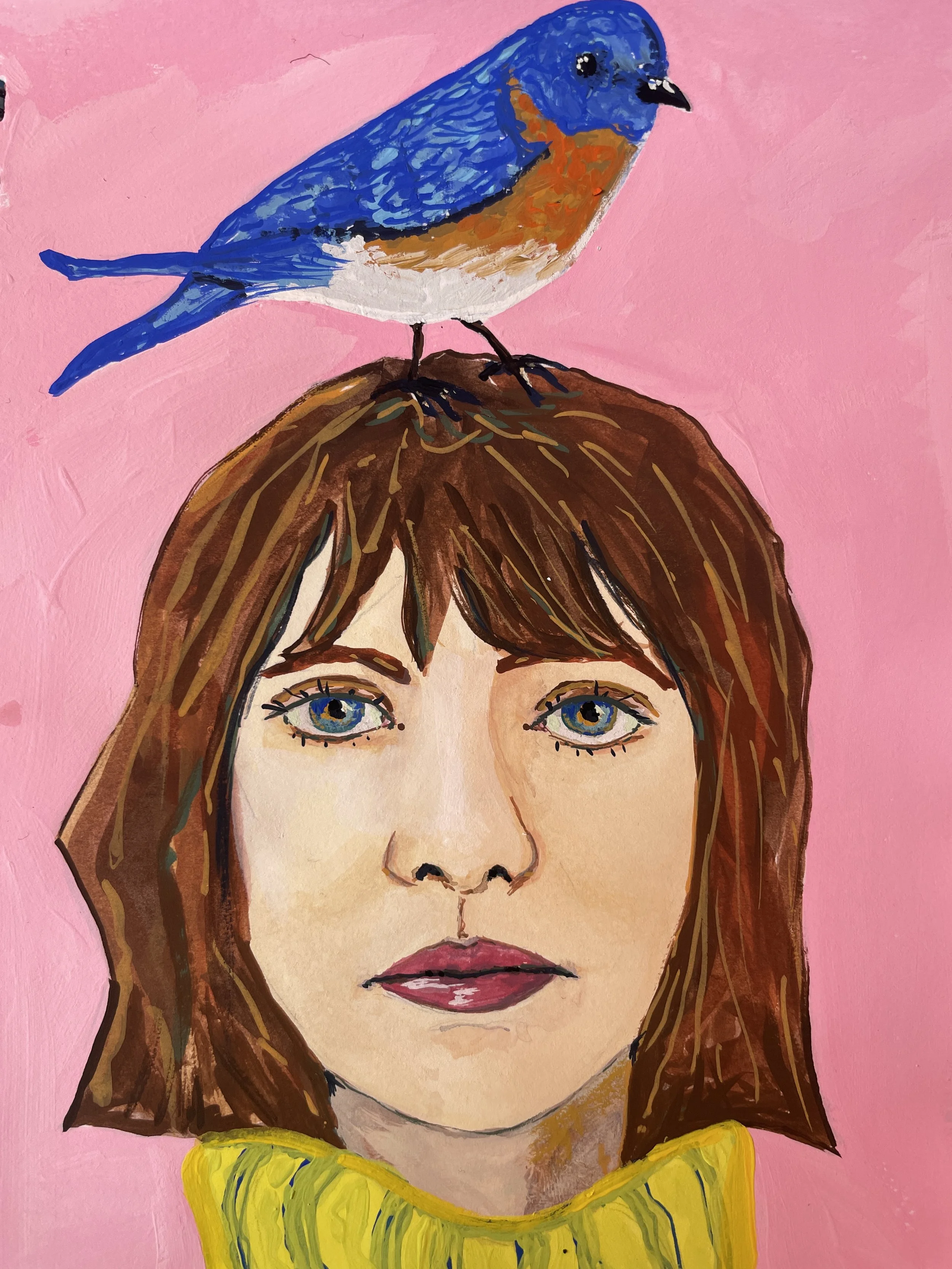 Painting of a woman with brown hair and blue eyes, wearing a yellow sweater, with a bluebird perched on her head against a pink background.