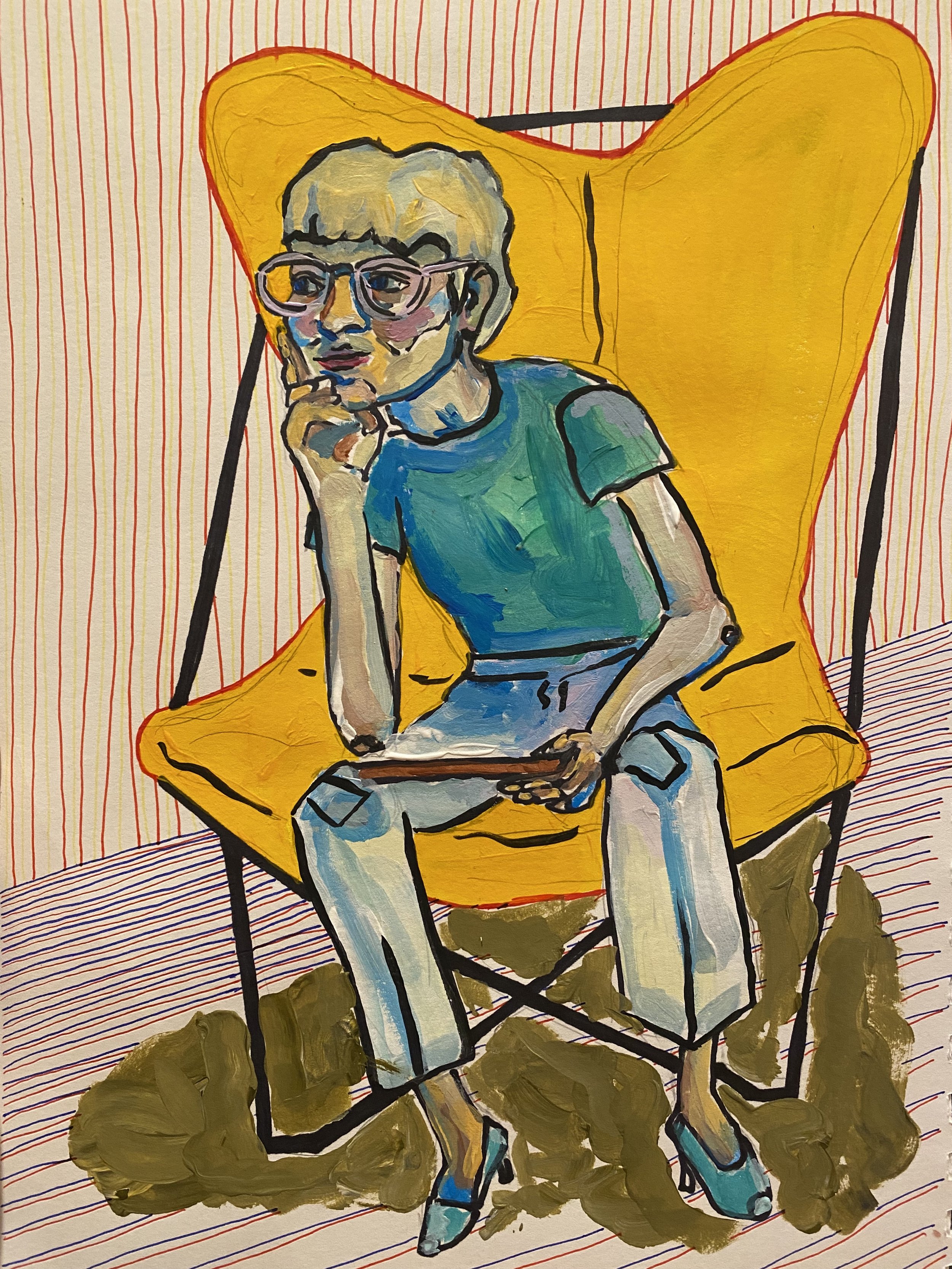 A colorful painting of a person with short blonde hair, wearing glasses, a teal shirt, and shorts, sitting on a yellow outdoor chair, holding a tablet, with a striped background.