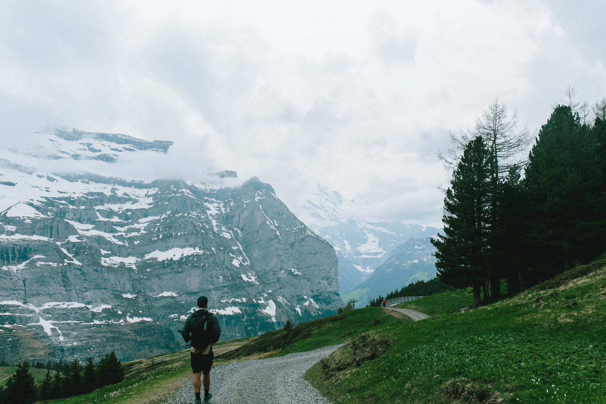 A person with a backpack walking on a gravel trail through a mountainous landscape with snow-capped peaks, green grass, and tall trees under a cloudy sky.