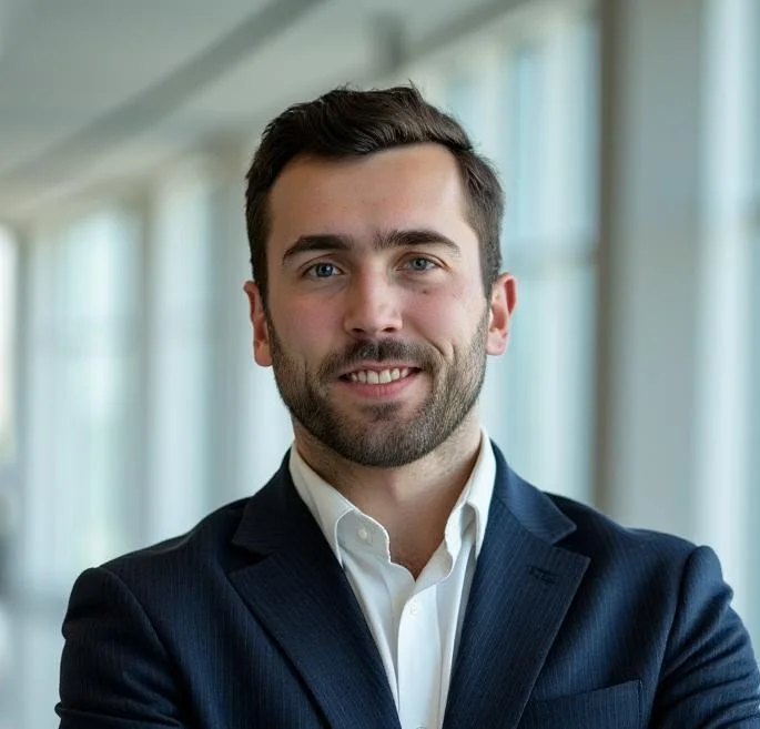 Portrait of a young man with dark hair and a slight smile, wearing a white shirt and a dark blazer, at an indoor social event.