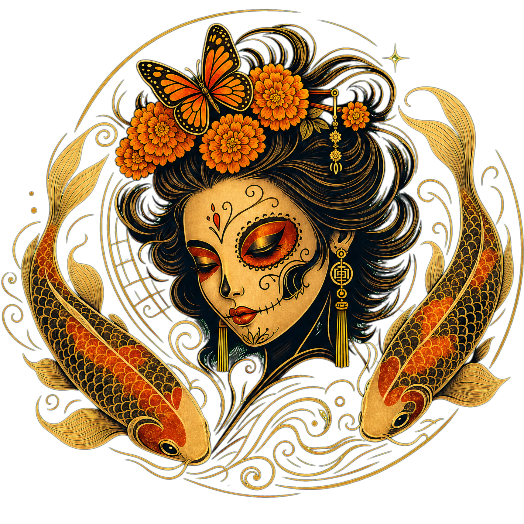 A colorful, artistic illustration of a woman's face with Day of the Dead makeup, surrounded by orange flowers, butterflies, and koi fish, with intricate details and vibrant colors.