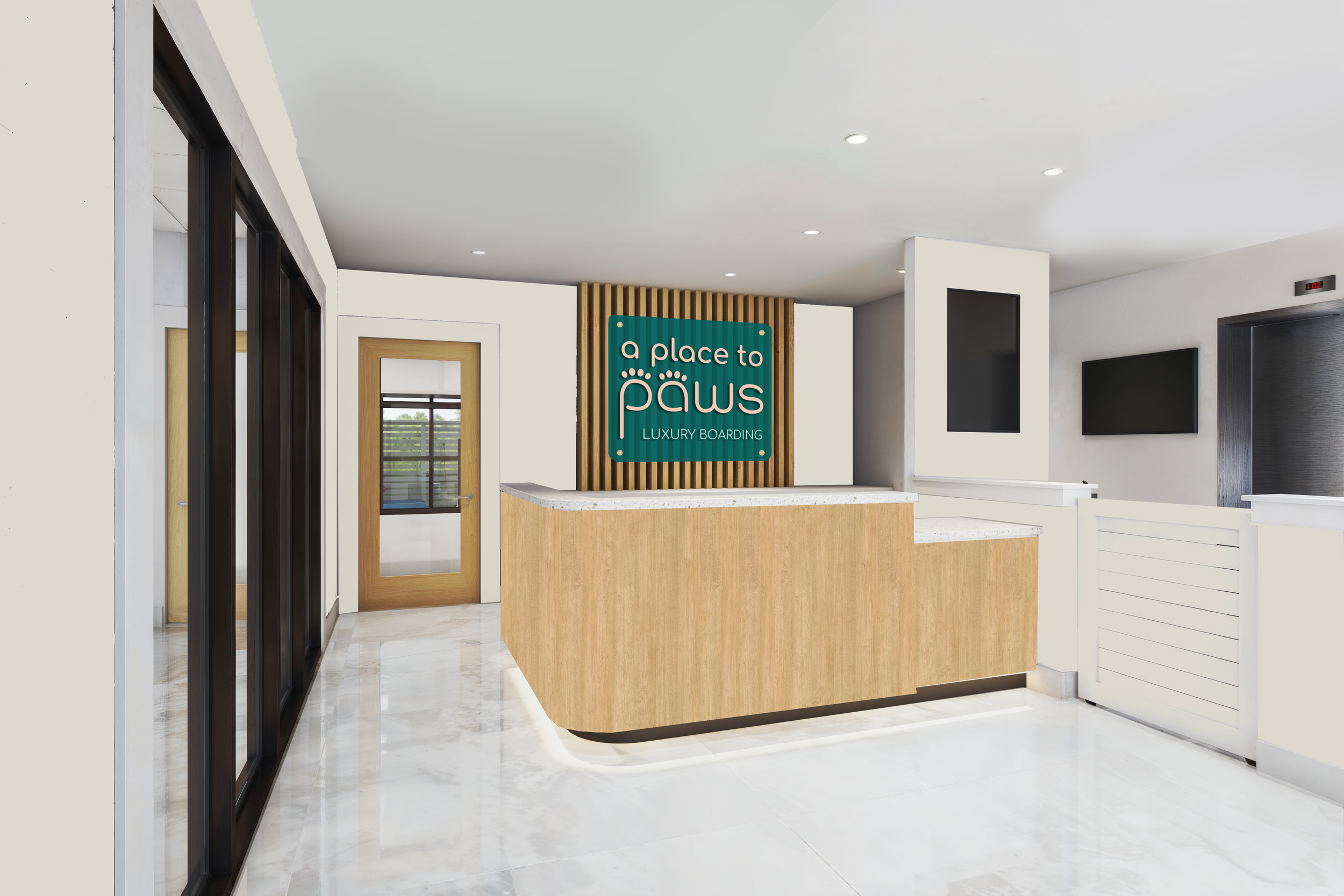 Reception desk with a teal sign that reads 'a place to paws, luxury boarding', wooden accents, and a white marble countertop. Located in PAWS Center at 499 Buckwalter Pl Blvd, Bluffton, SC. Also the home of Buckwalter Vet Clinic