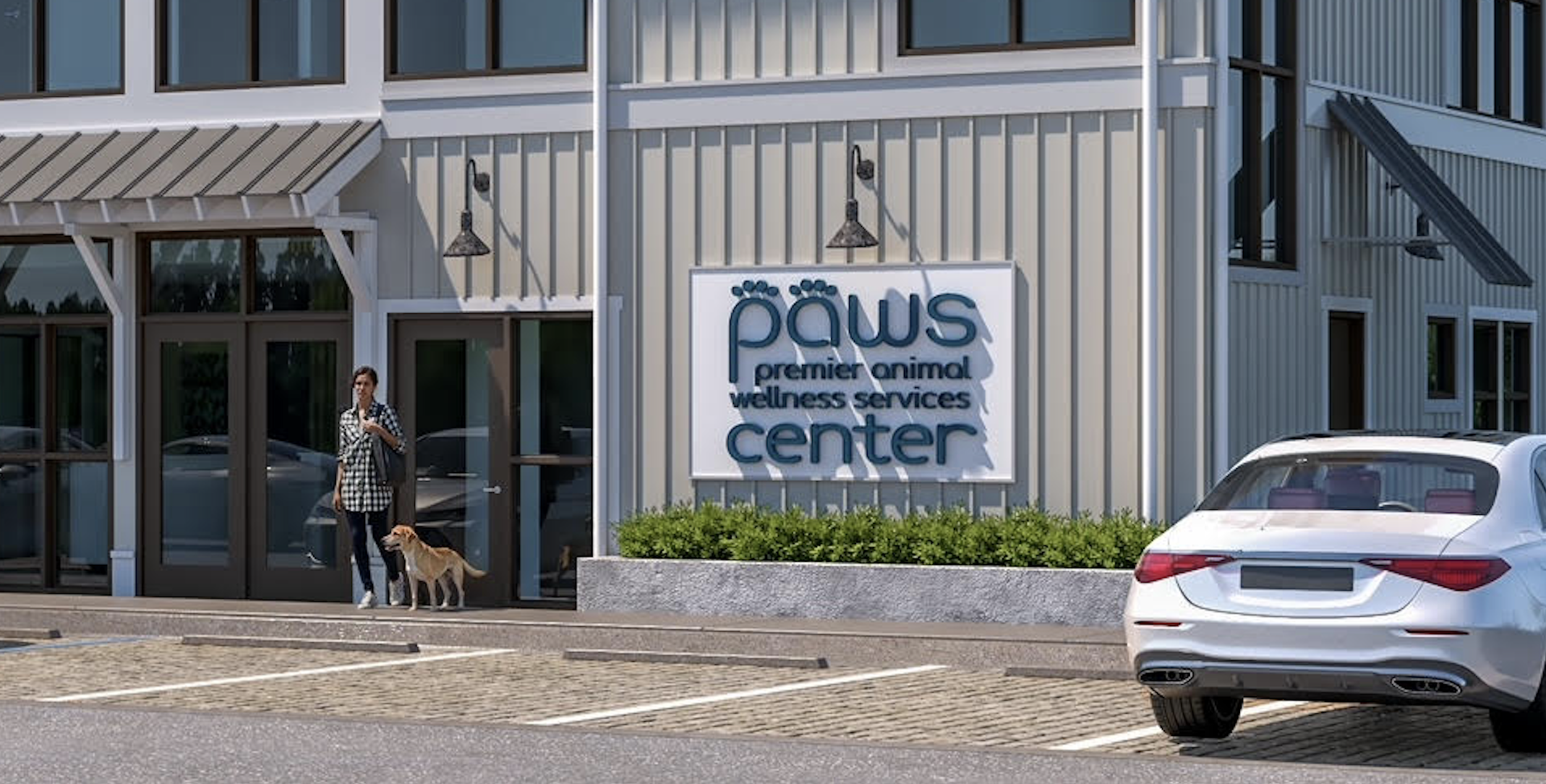 Exterior view of PAWS Center, a wellness services facility for animals, showing a woman with a dog near the entrance, a parking lot with a white car, and signage reading 'paws premier animal wellness services center' on the building. in Bluffton SC