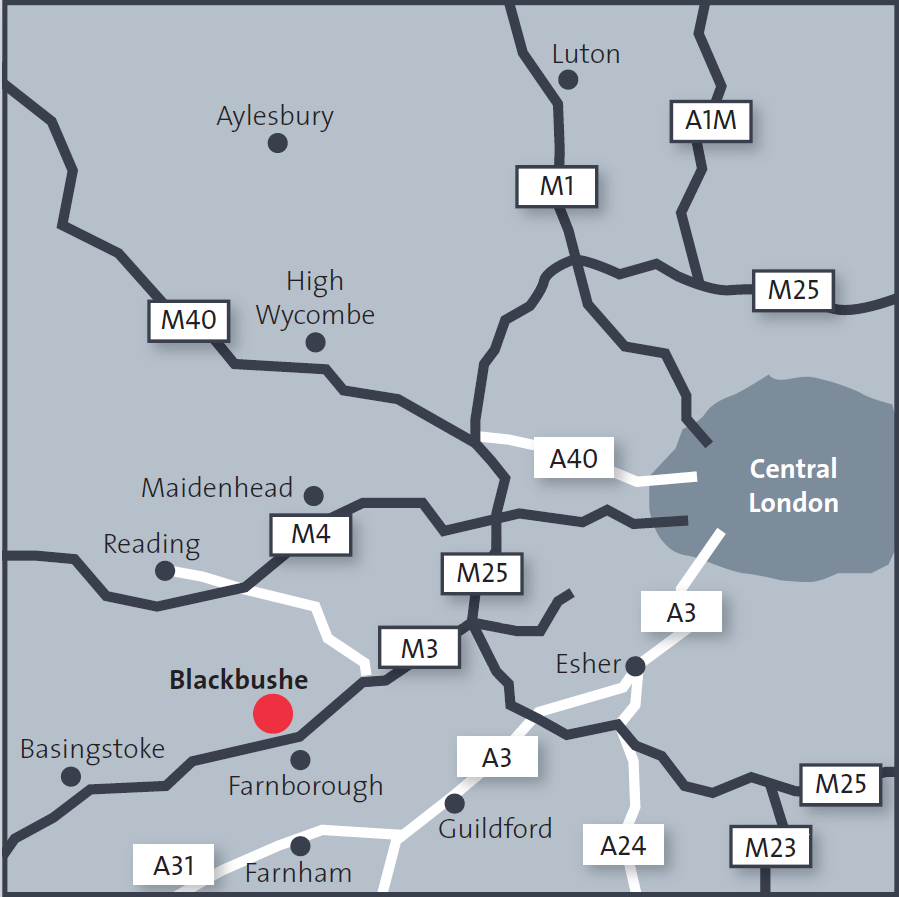 Map of the London, England area showing various highways, towns, and points of interest, including Central London, Blackbush airport, and nearby towns like Reading and Maidenhead.