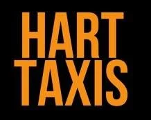 Logo for Hart Taxis in bold orange text on black background.