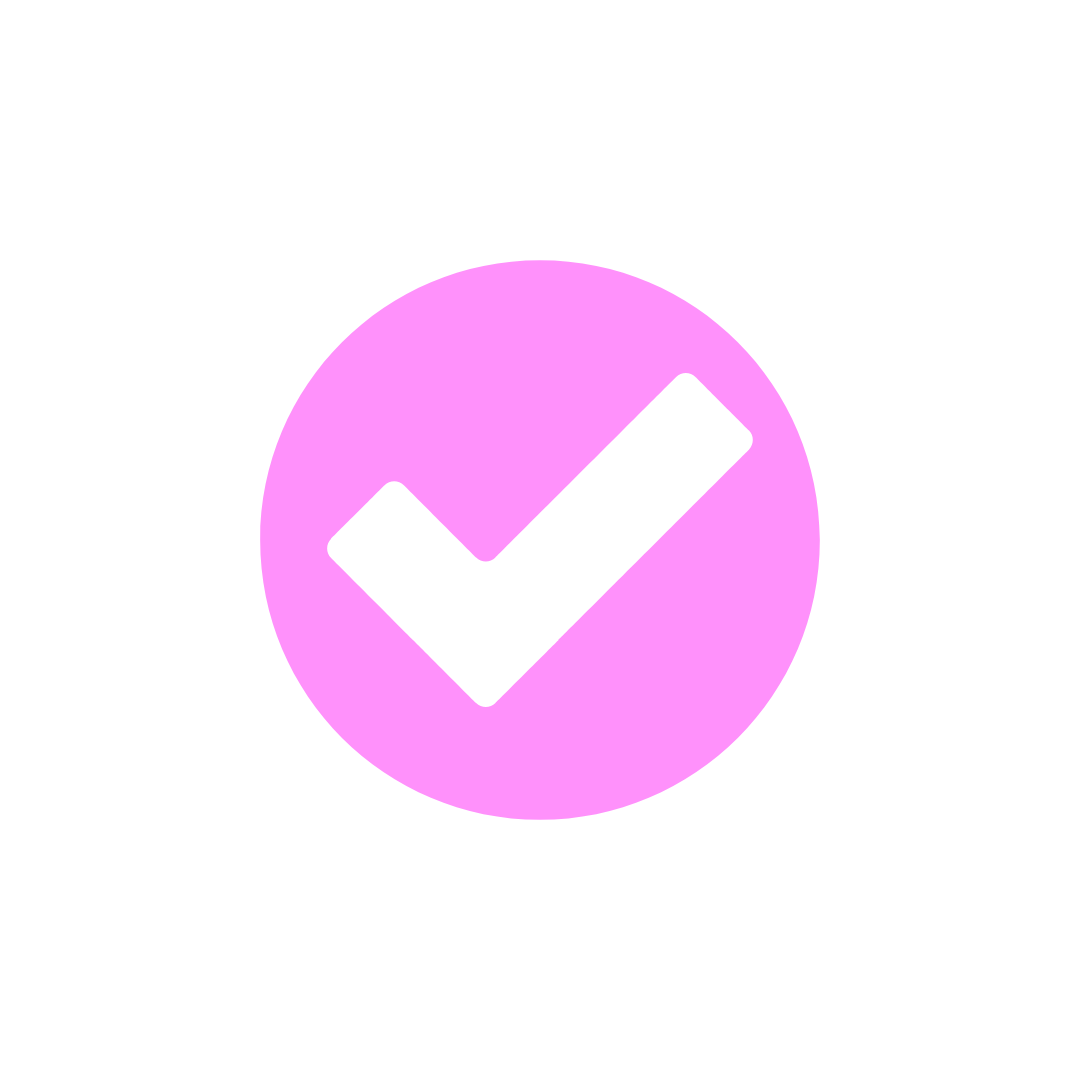 Pink circle with a white checkmark in the center.
