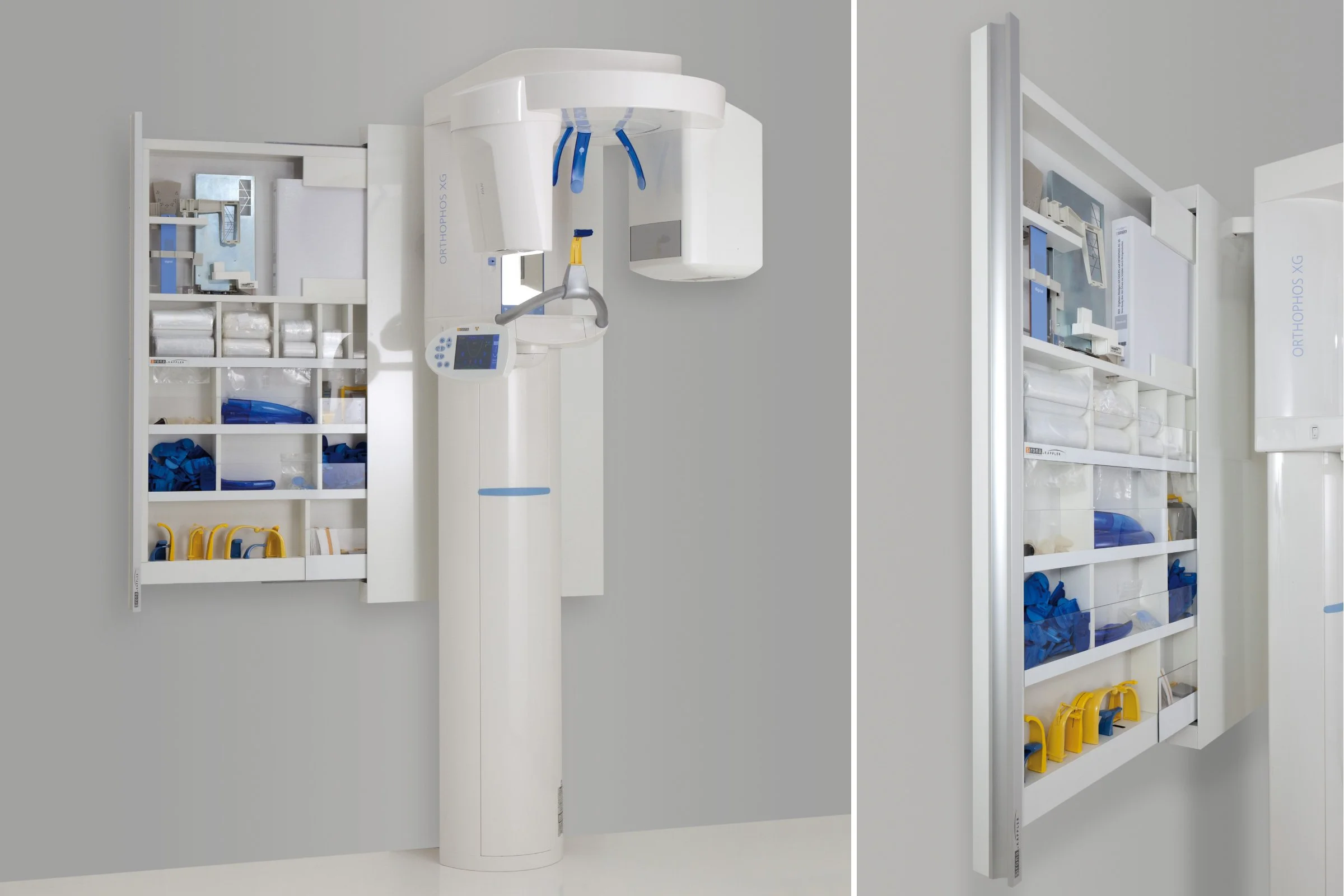 Medizinische Ausrüstung in einem Krankenhausradiologiezentrum, einschließlich eines Röntgengeräts und eines Wandregals mit medizinischem Zubehör in blauer, gelber und weißer Farbe.