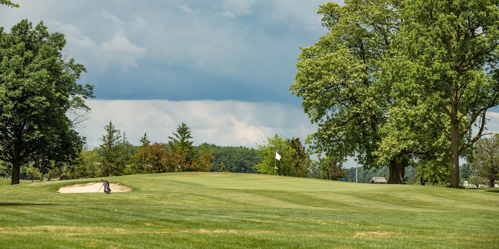 A scenic golf course with a green, sand trap, and golf bag near the sand. Tall trees surround the course and a white golf flag marks the hole. The sky is partly cloudy.