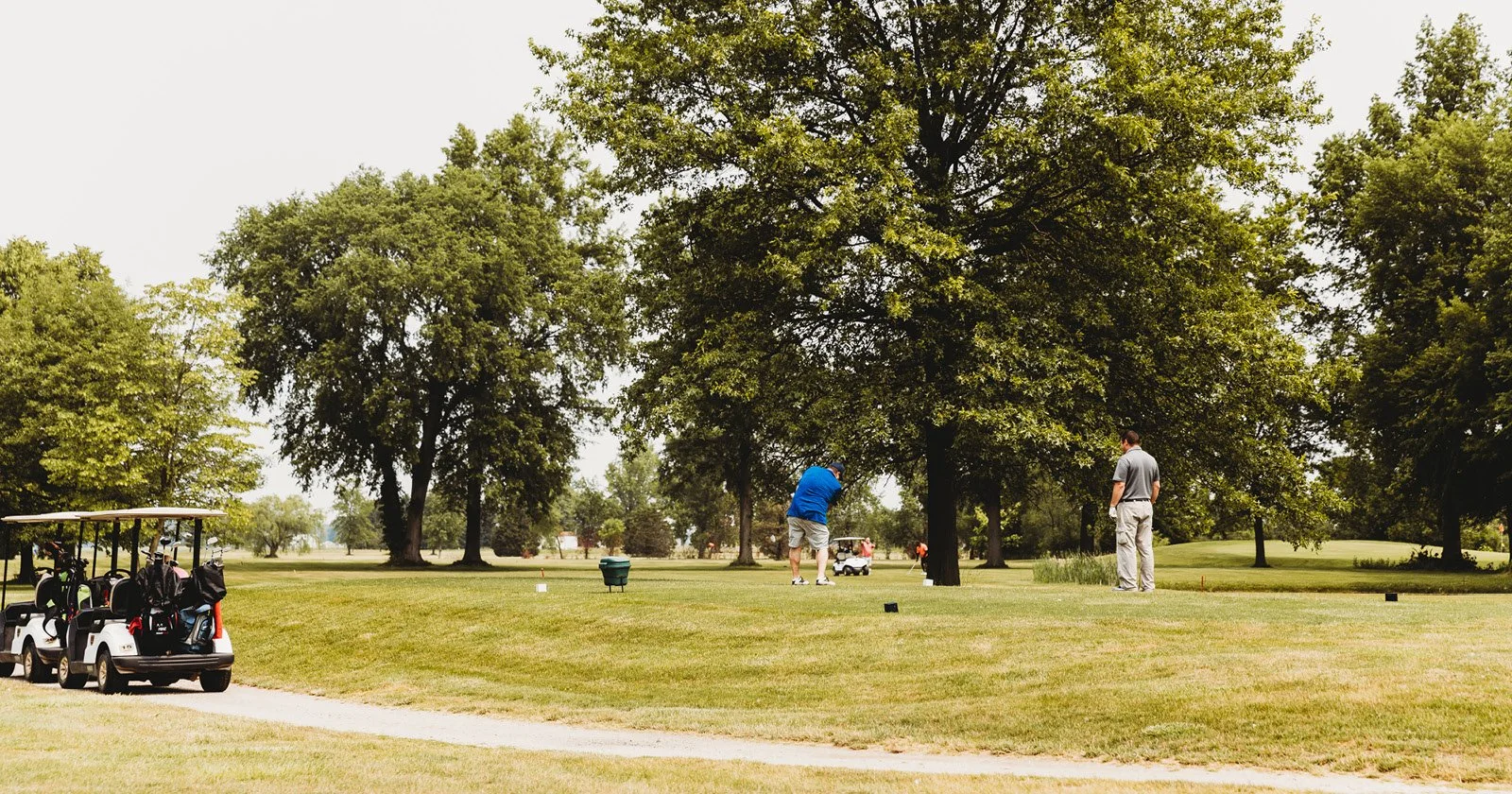 People playing golf on a lush green golf course with trees and golf carts in the background.