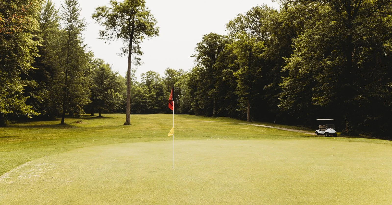 A golf course green with a flagstick and red flag, surrounded by trees and a golf cart parked on a path to the right.