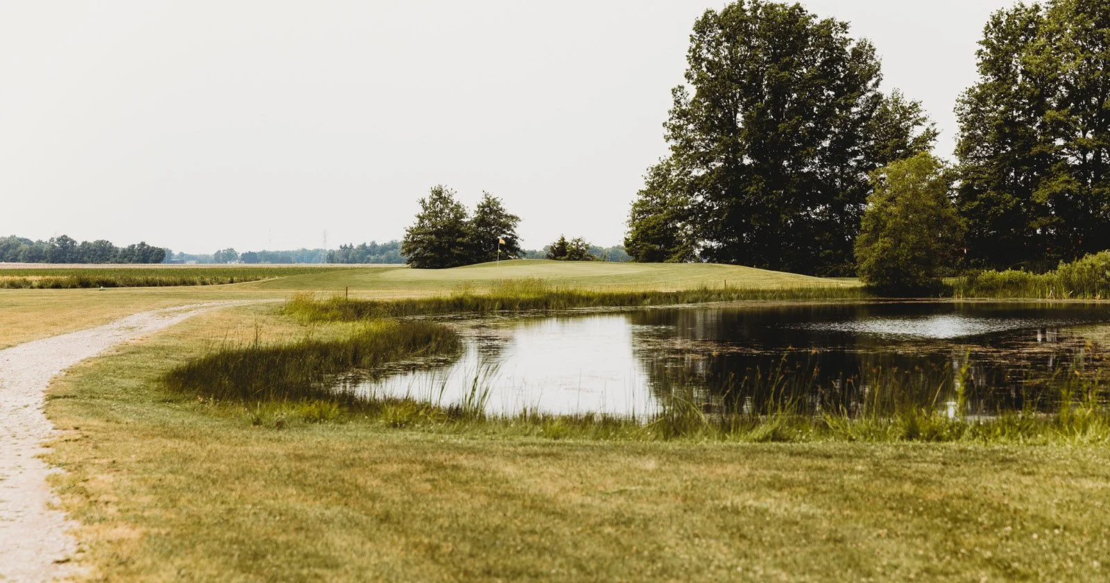 A golf course with a pond, a sand trap, a green with a flag, and trees in the background under a clear sky.