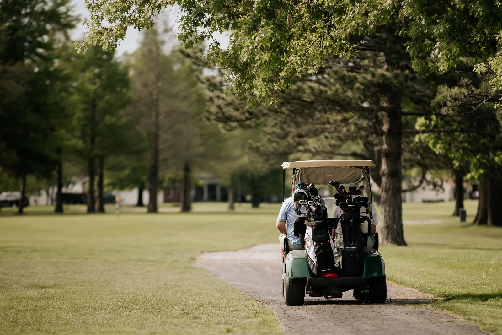 A person sitting in a golf cart on a golf course, with golf clubs in the back, surrounded by trees and grass.