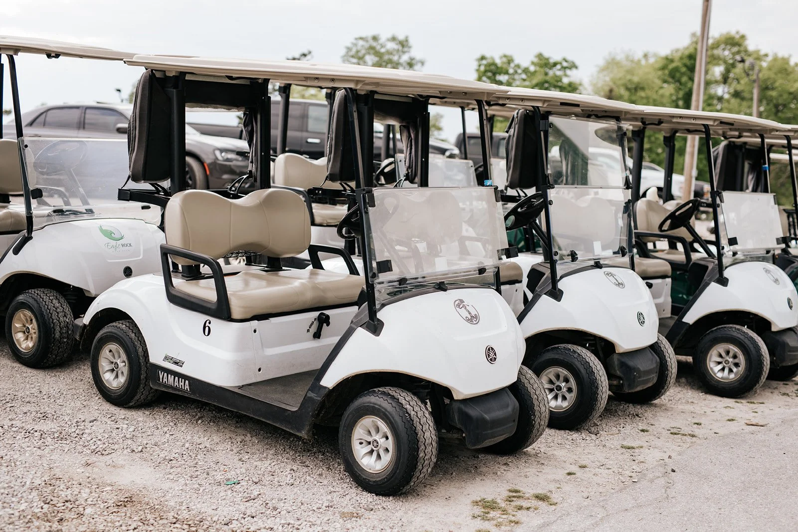 Multiple white golf carts parked on a gravel area, with trees and cars in the background.