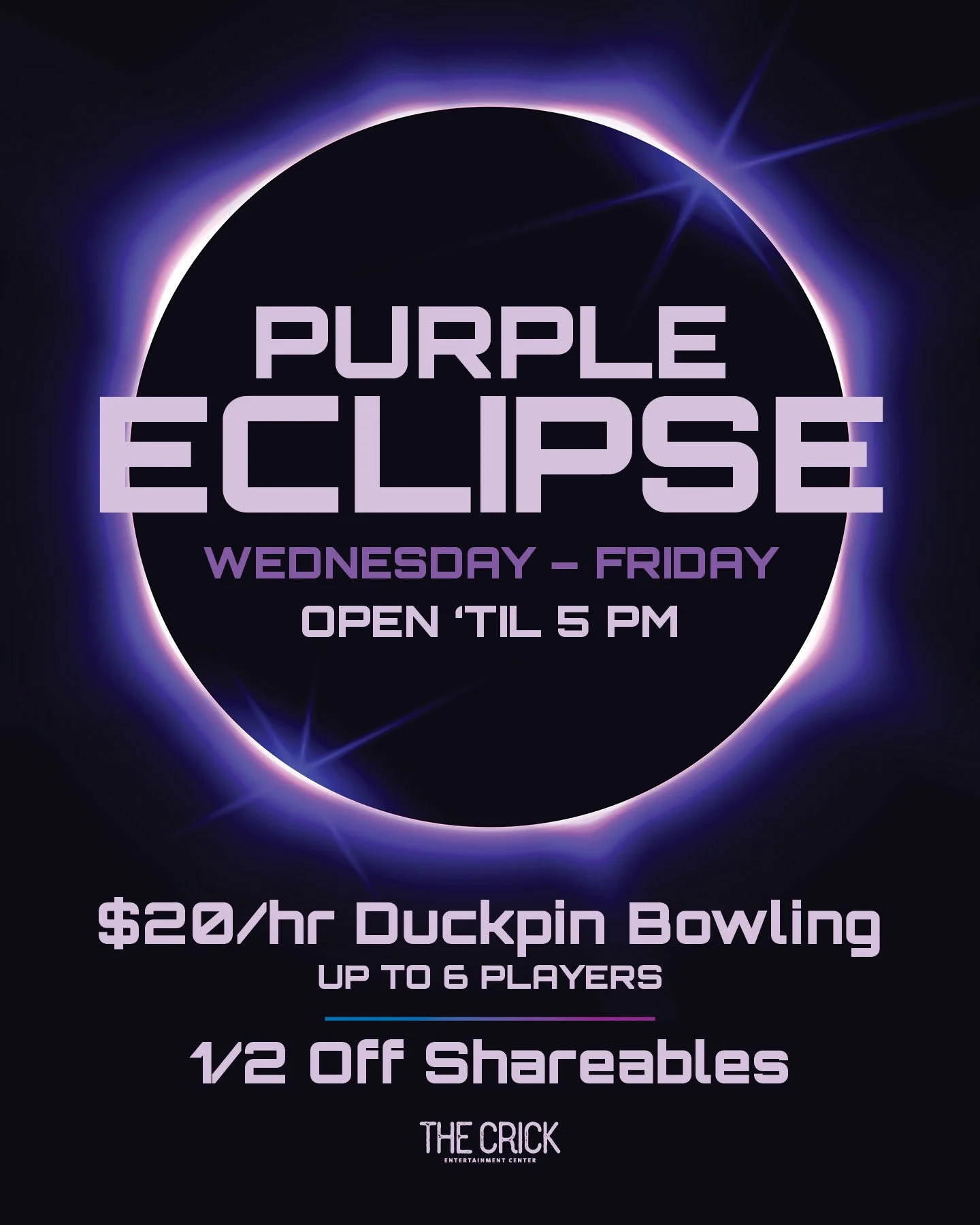 Grab the crew and bowl for $20 an hour 🎳

Plus half off shareables Wednesday thru Friday.