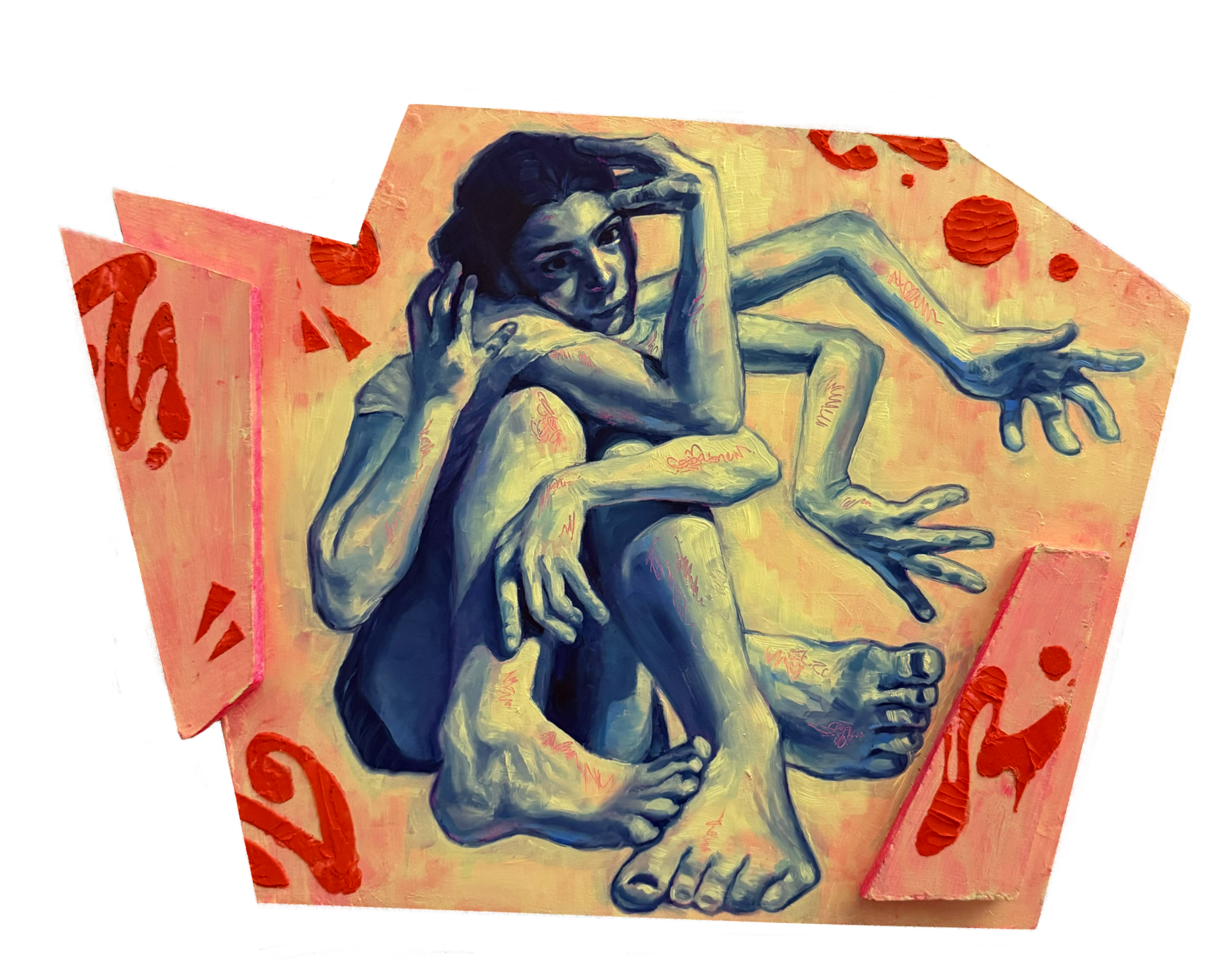 "Fit", oil and acrylic on wood panel sculpture, 16x12in, 2025