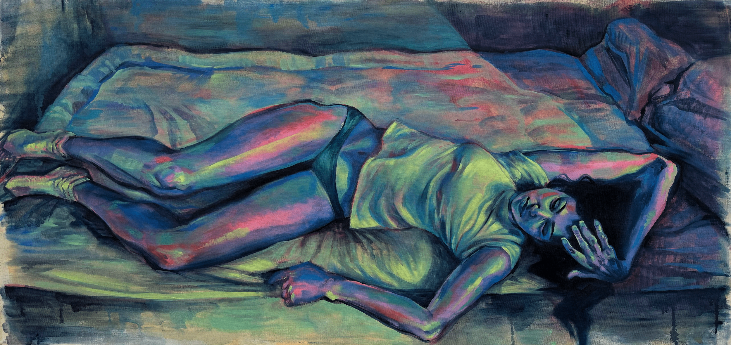 
“Long Day", acrylic and oil on un-stretched canvas, 29x50 in, 2025