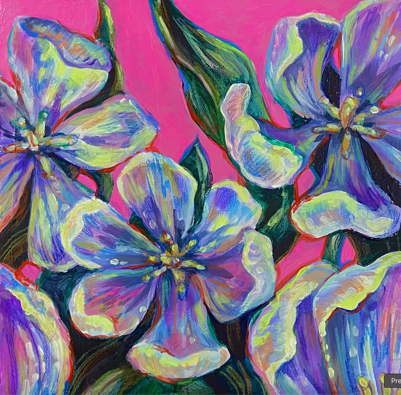"Neon Flowers", acrylic and colored pencil on canvas, 8x8in, 2024