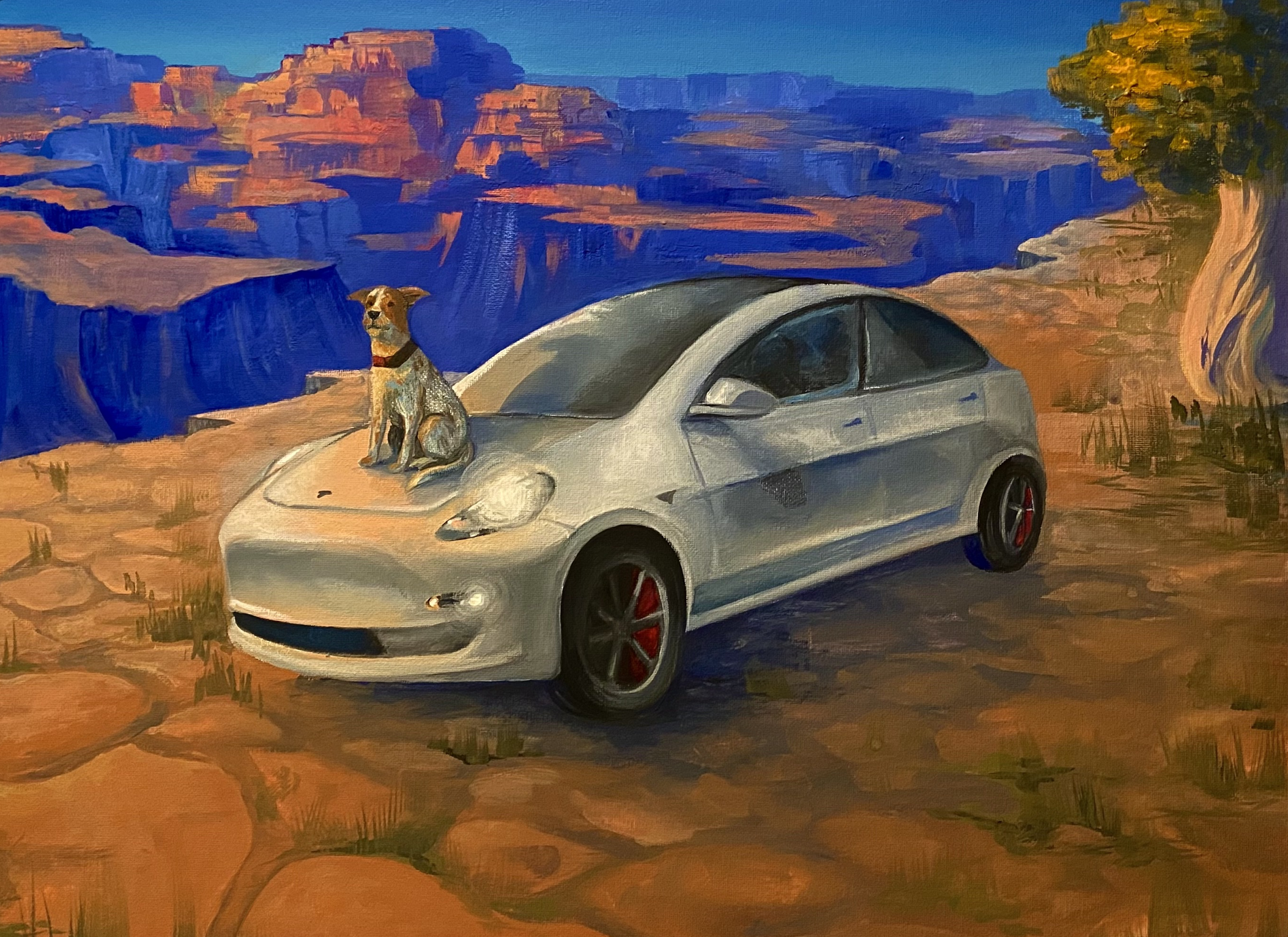 "Tesla and dog on Canyon", gouache on canvas, 2021