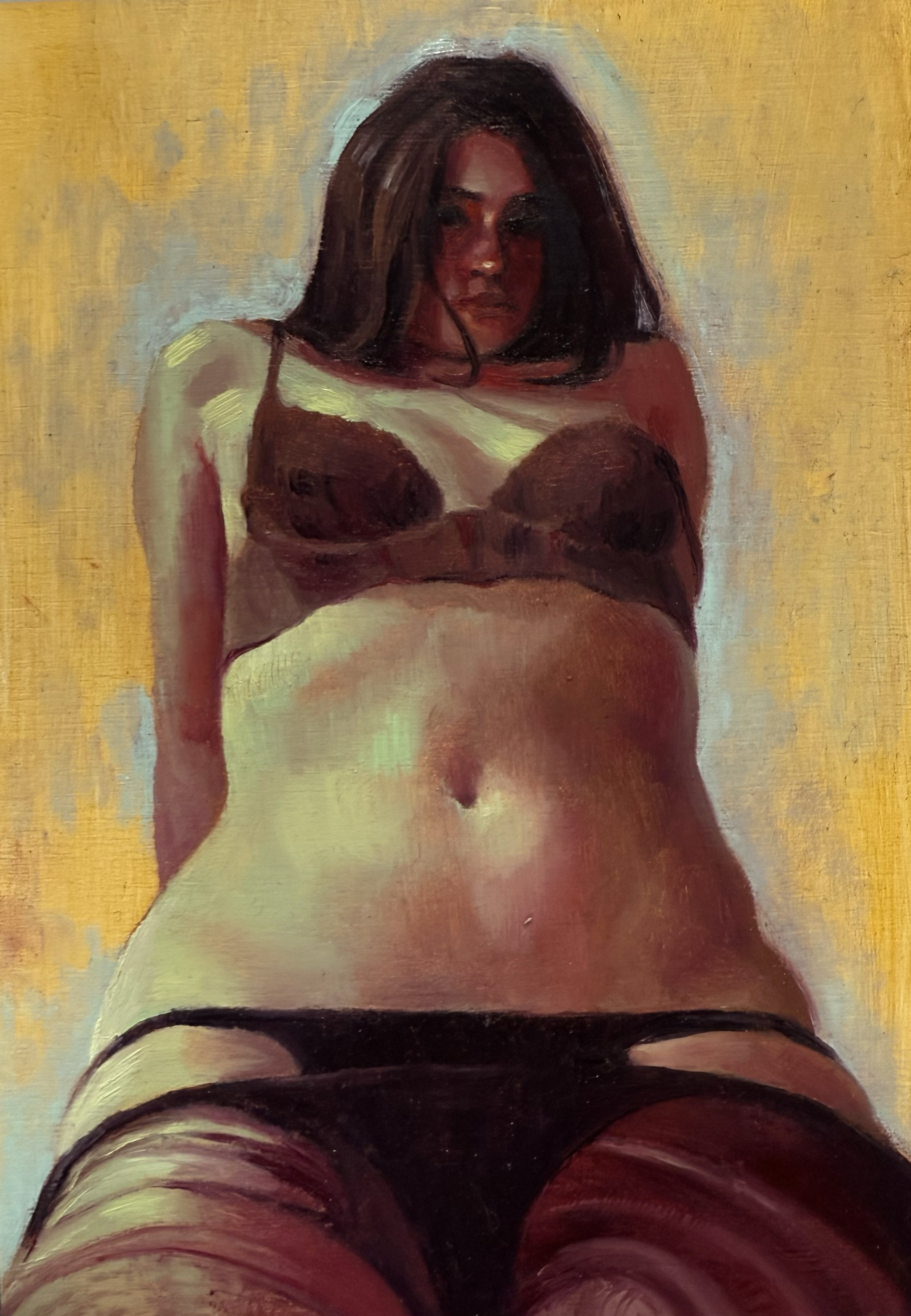 "Don't Look, I'm Changing", oil on wood panel, 7x5in, 2026