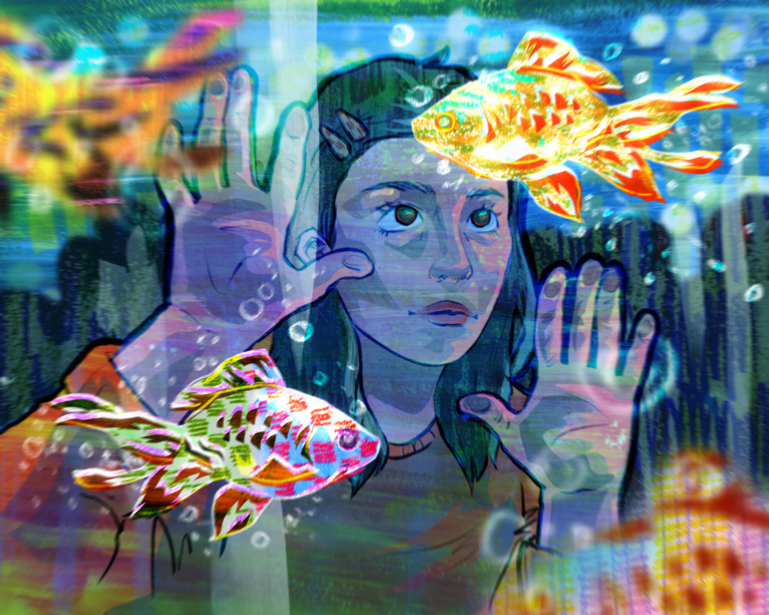 "Fish Tank", colored pencil, Procreate, 2024