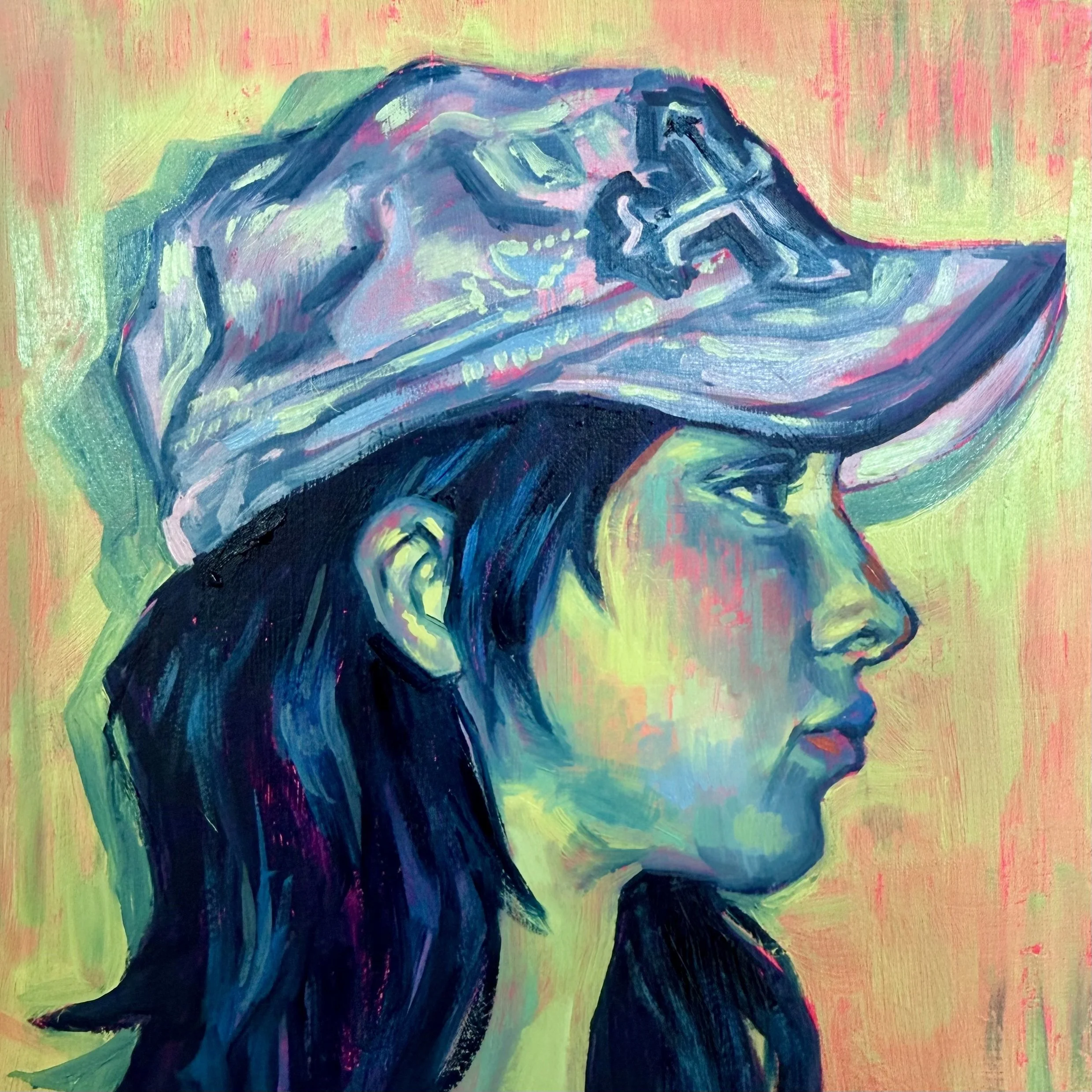 "Hat Profile", oil and acrylic on canvas, 9x9in, 2025
