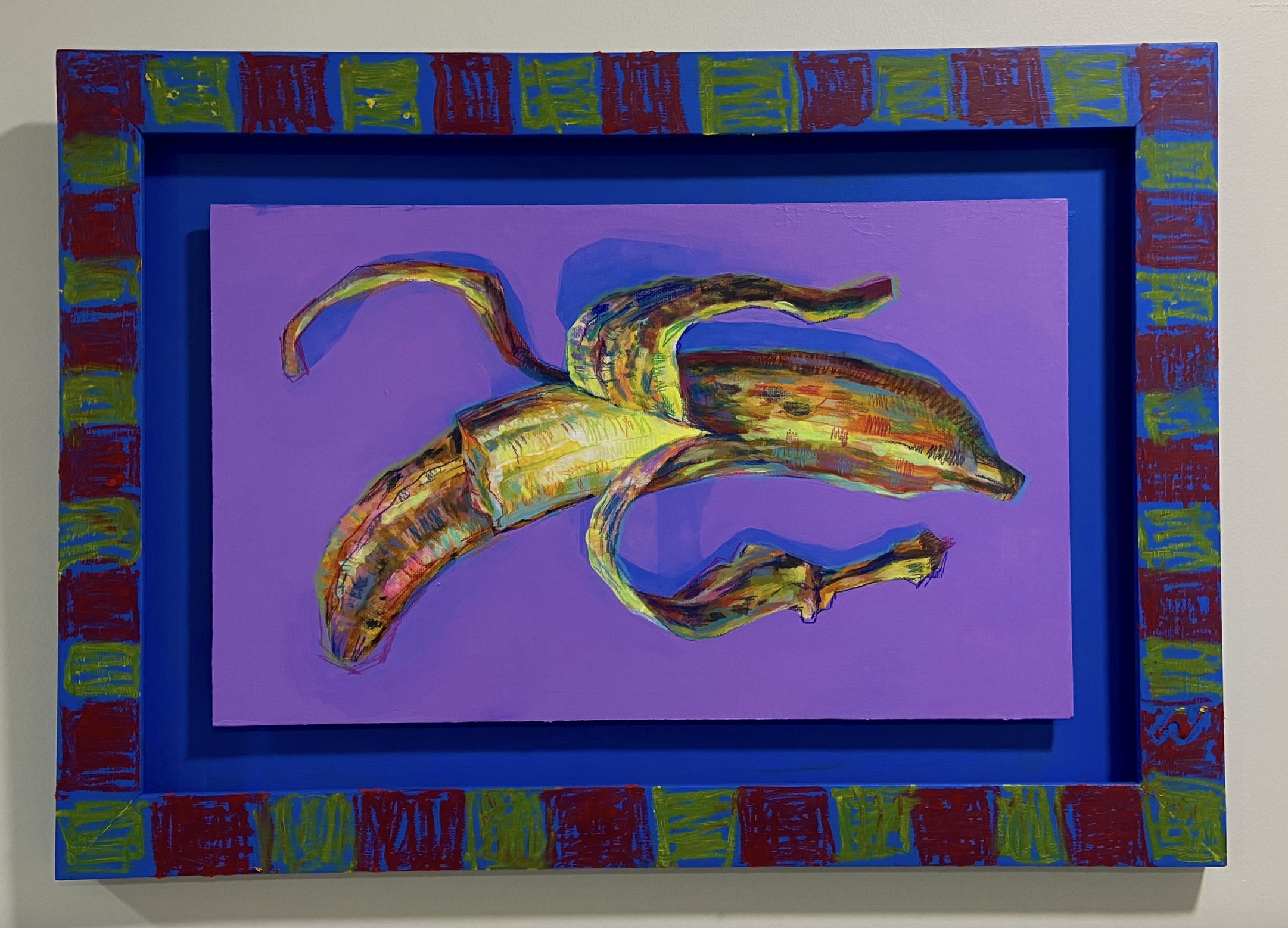 "Banana", acrylic and colored pencil on framed panel, 15x21in, 2024
