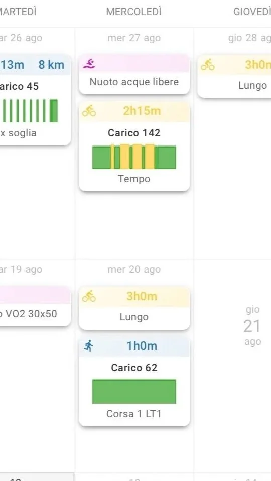 Calendario settimanale con attività sportive e dati di allenamento, inclusi tempi, distanza, calorie bruciate e tipo di esercizio come corsa, nuoto e ciclismo.