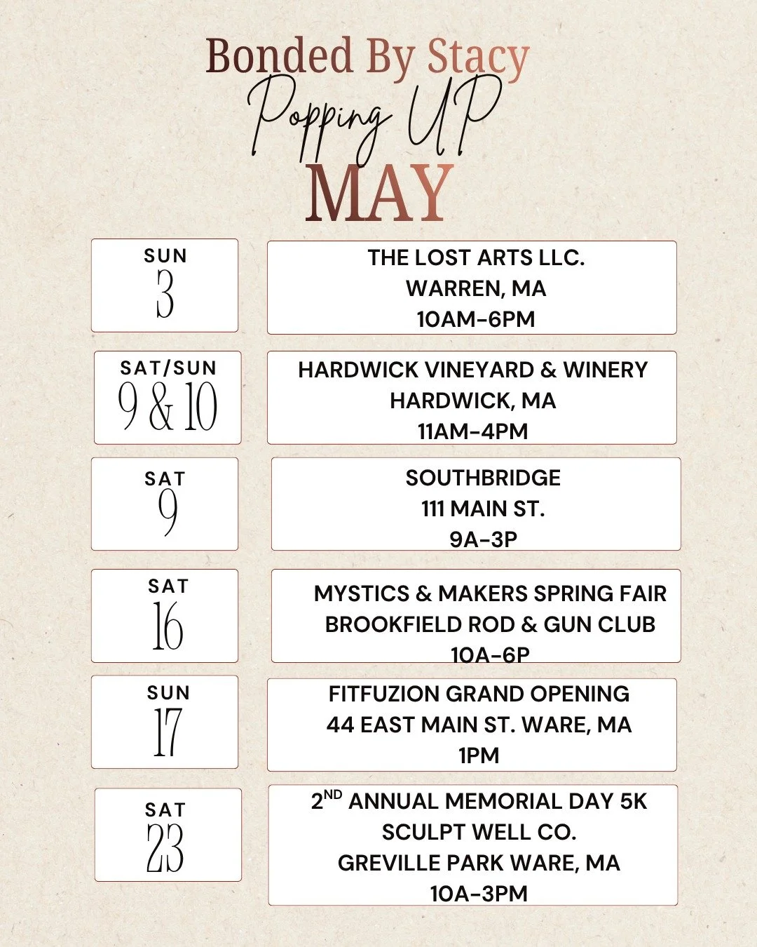 Bonded By Stacy is popping up all month in May! Permanent Jewelry, good vibes, and unforgettable moments.
Tag your bestie, Mom, or favorite person come on out and make a day of it.