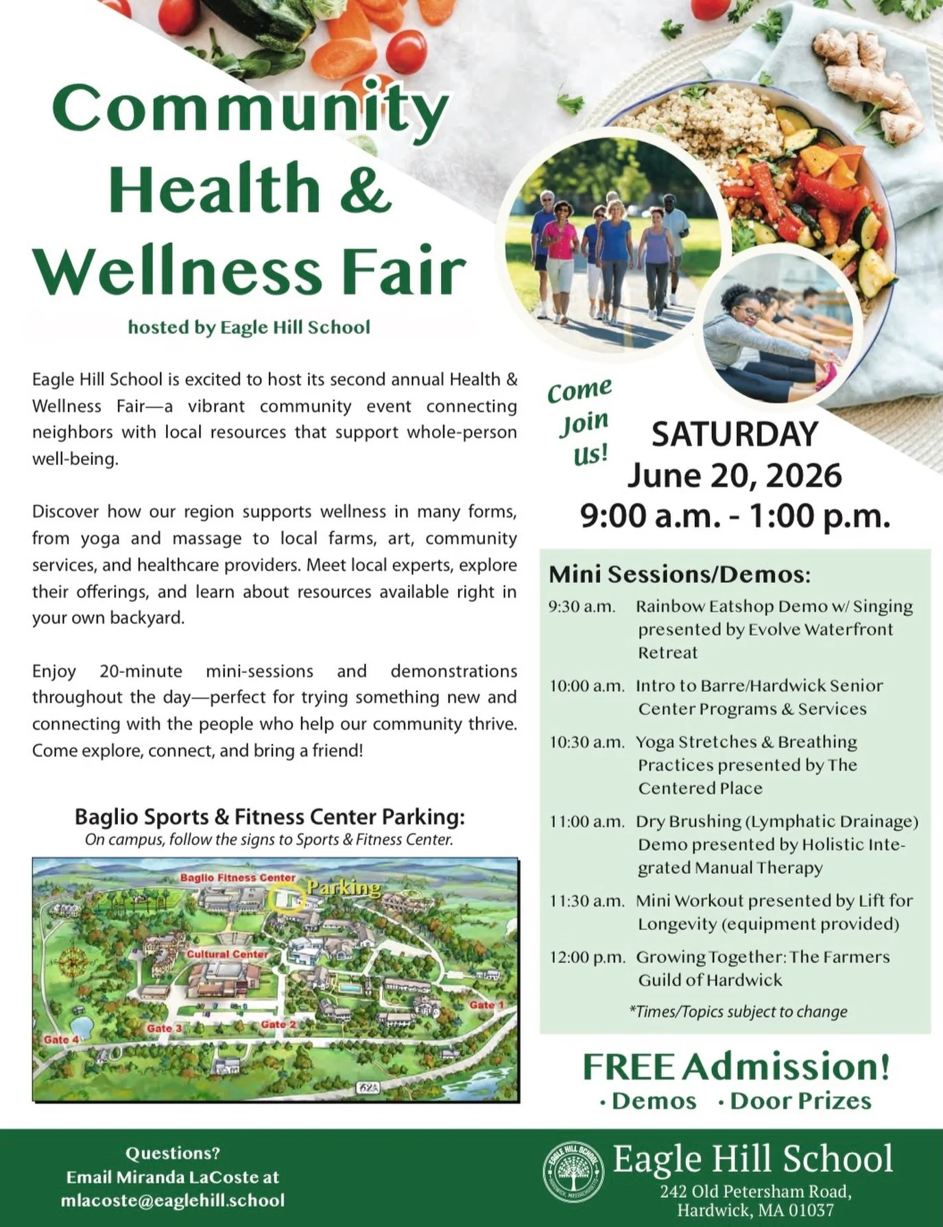 Health &amp; Wellness Fair &ndash; Saturday, June 20, 2026

Come join us from 9:00 a.m. to 1:00 p.m. at the Baglio Fitness Center at Eagle Hill School for a FREE community event celebrating local well-being resources!

You&rsquo;ll find yoga, massage